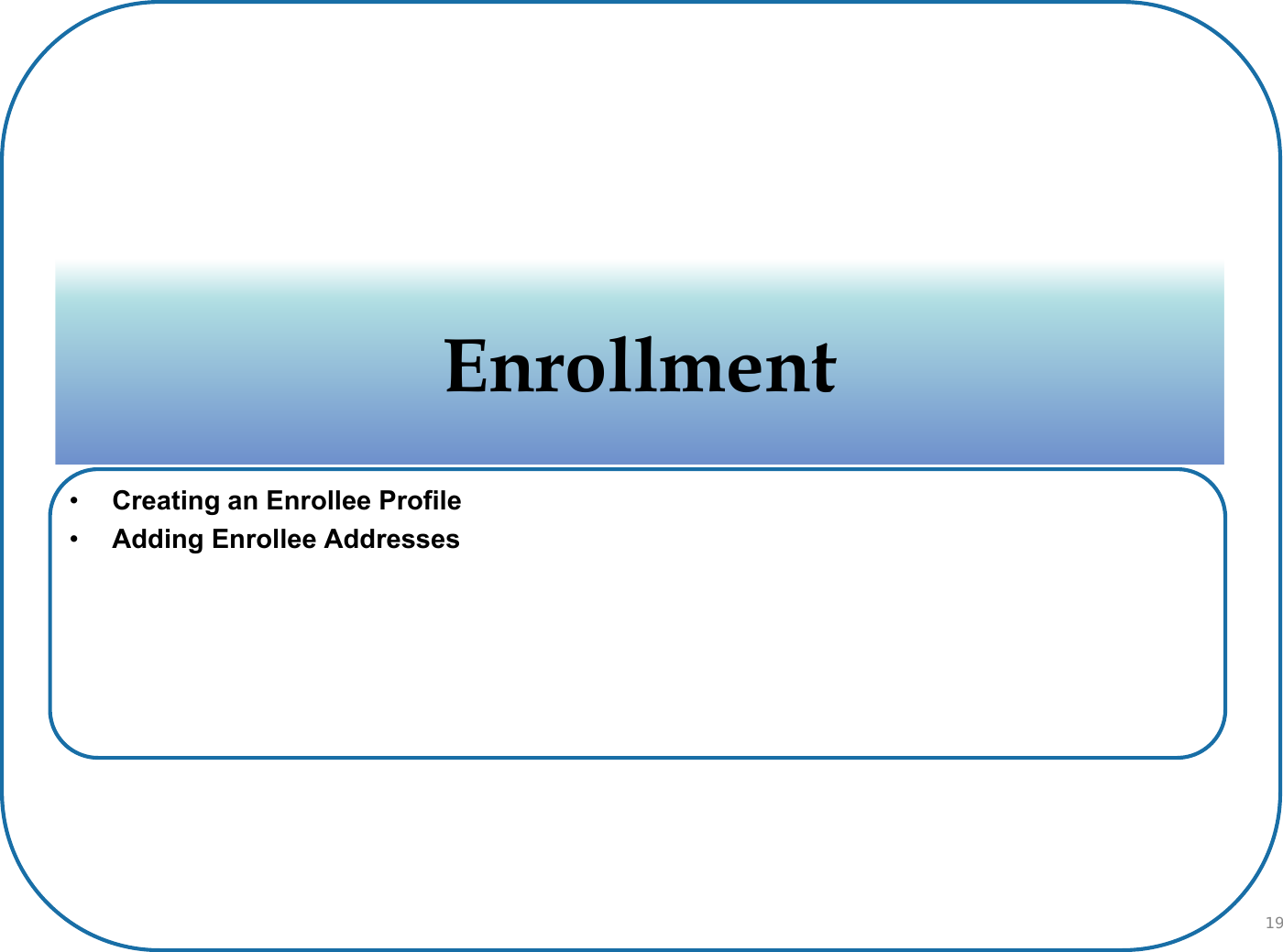 EnrollmentEnrollment•Creating an Enrollee Profile•Adding Enrollee Addresses19