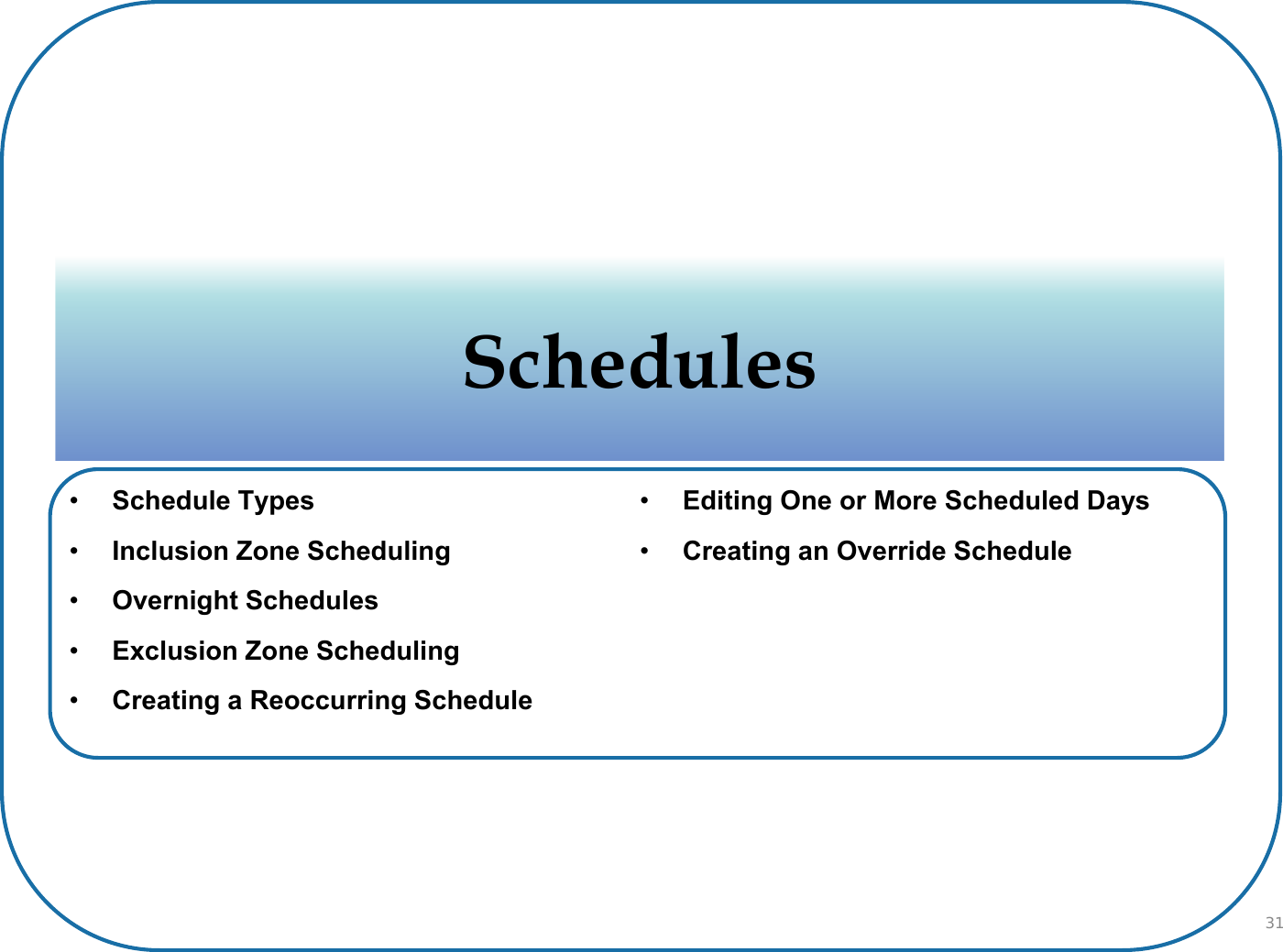SchedulesSchedules•Schedule Types•Inclusion Zone Scheduling•Overnight Schedules•Exclusion Zone Scheduling•Creating a Reoccurring Schedule•Editing One or More Scheduled Days•Creating an Override Schedule31