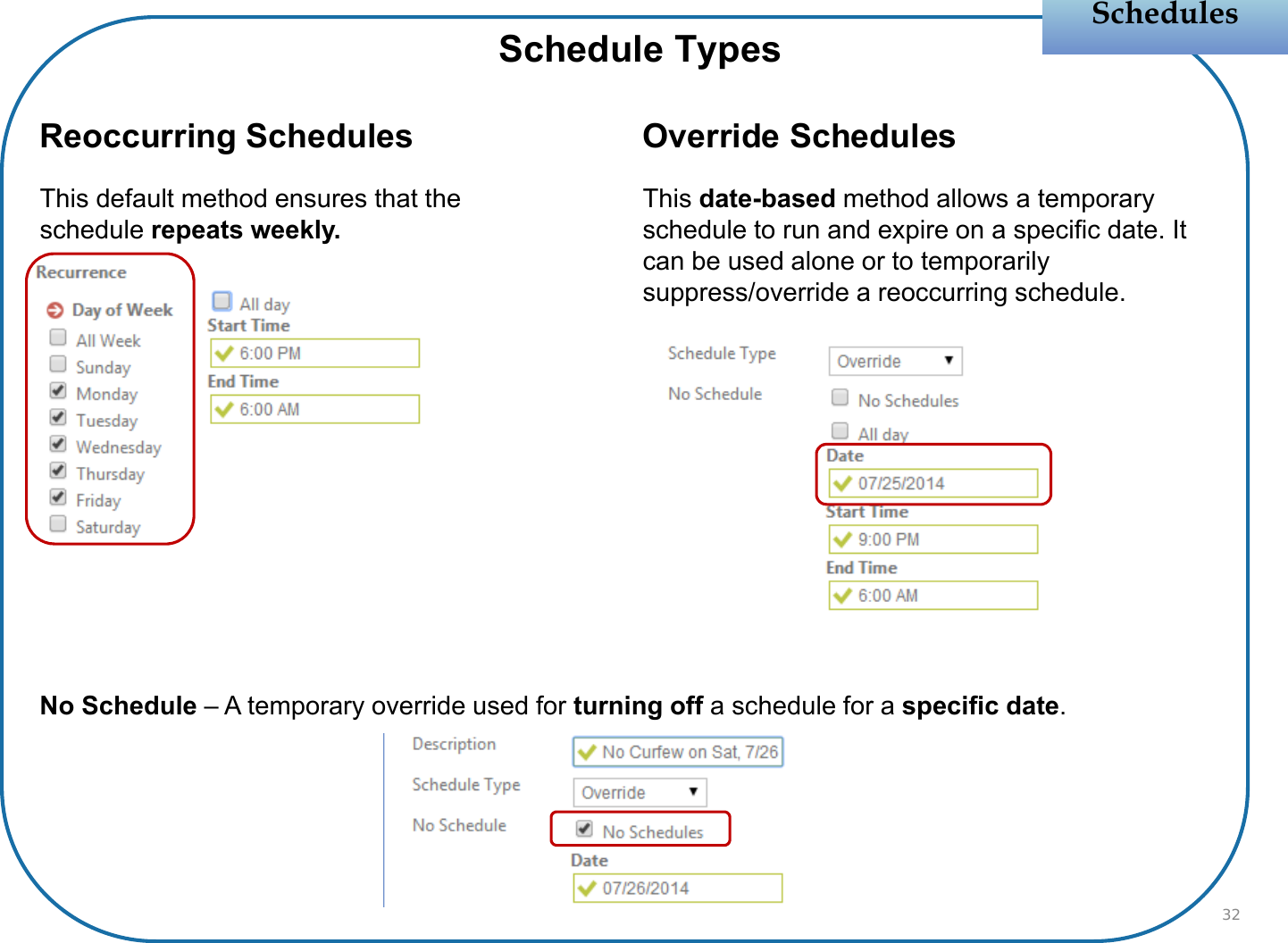 Schedule Types SchedulesSchedules32Reoccurring Schedules  Override Schedules This default method ensures that the schedule repeats weekly.This date-based method allows a temporary schedule to run and expire on a specific date. It can be used alone or to temporarily suppress/override a reoccurring schedule.No Schedule – A temporary override used for turning off a schedule for a specific date.
