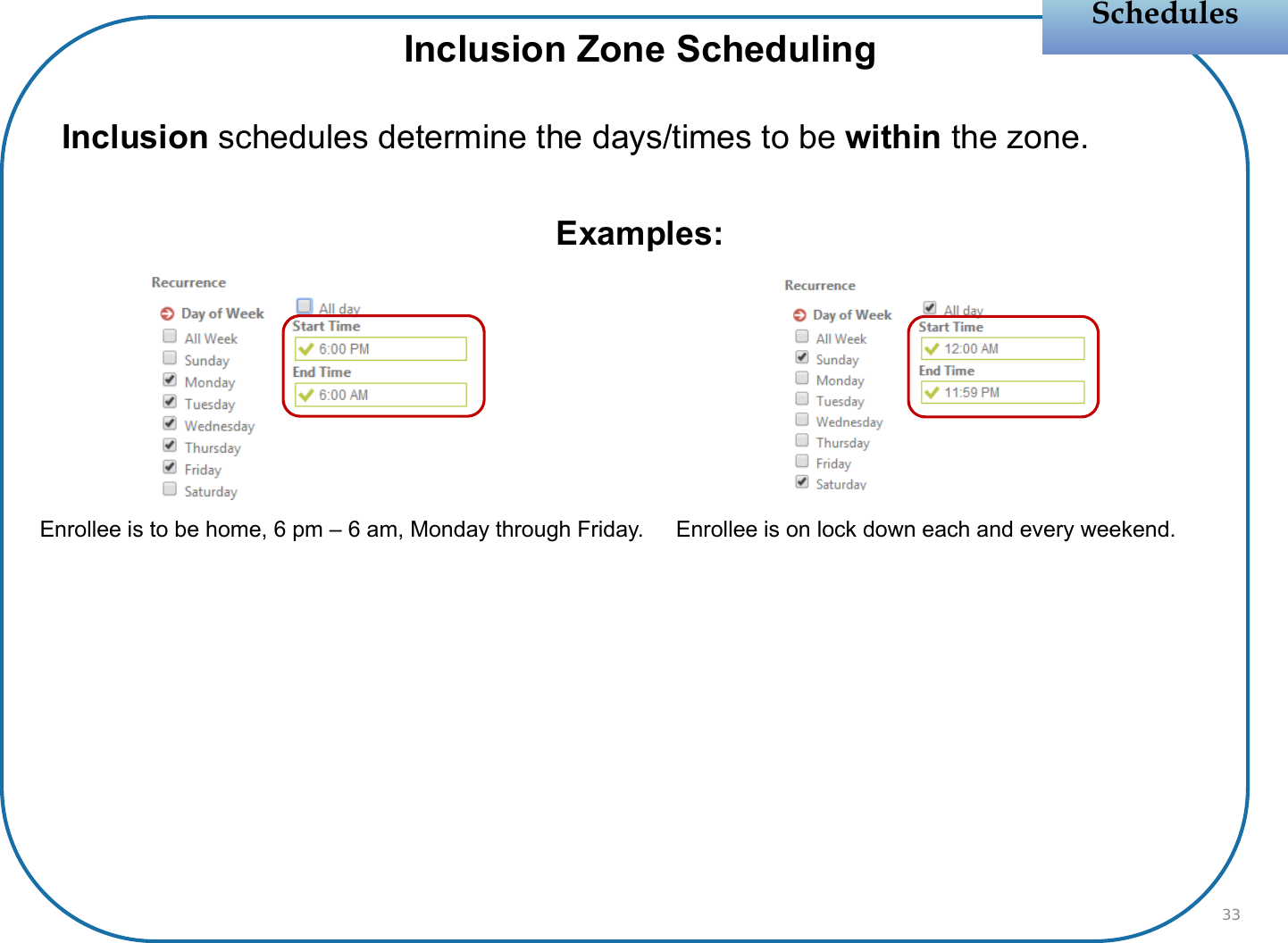 Inclusion Zone SchedulingInclusion schedules determine the days/times to be within the zone.Examples:SchedulesSchedules33Enrollee is to be home, 6 pm – 6 am, Monday through Friday. Enrollee is on lock down each and every weekend.