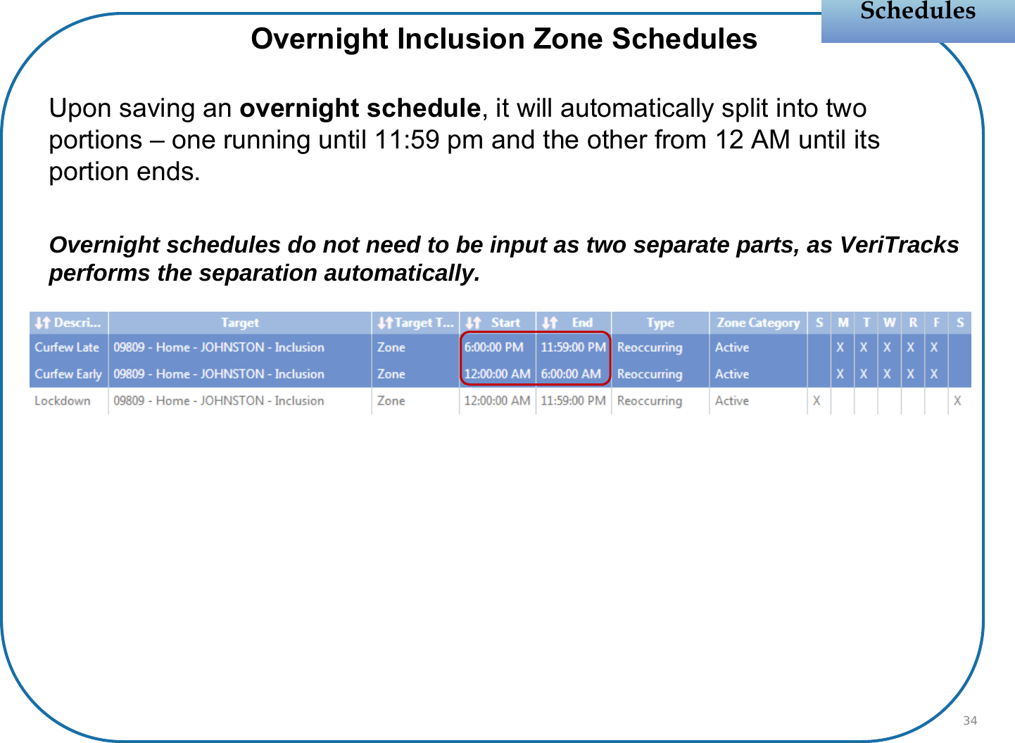 Overnight Inclusion Zone SchedulesUpon saving an overnight schedule, it will automatically split into two portions – one running until 11:59 pm and the other from 12 AM until its portion ends.Overnight schedules do not need to be input as two separate parts, as VeriTracks performs the separation automatically.SchedulesSchedules34