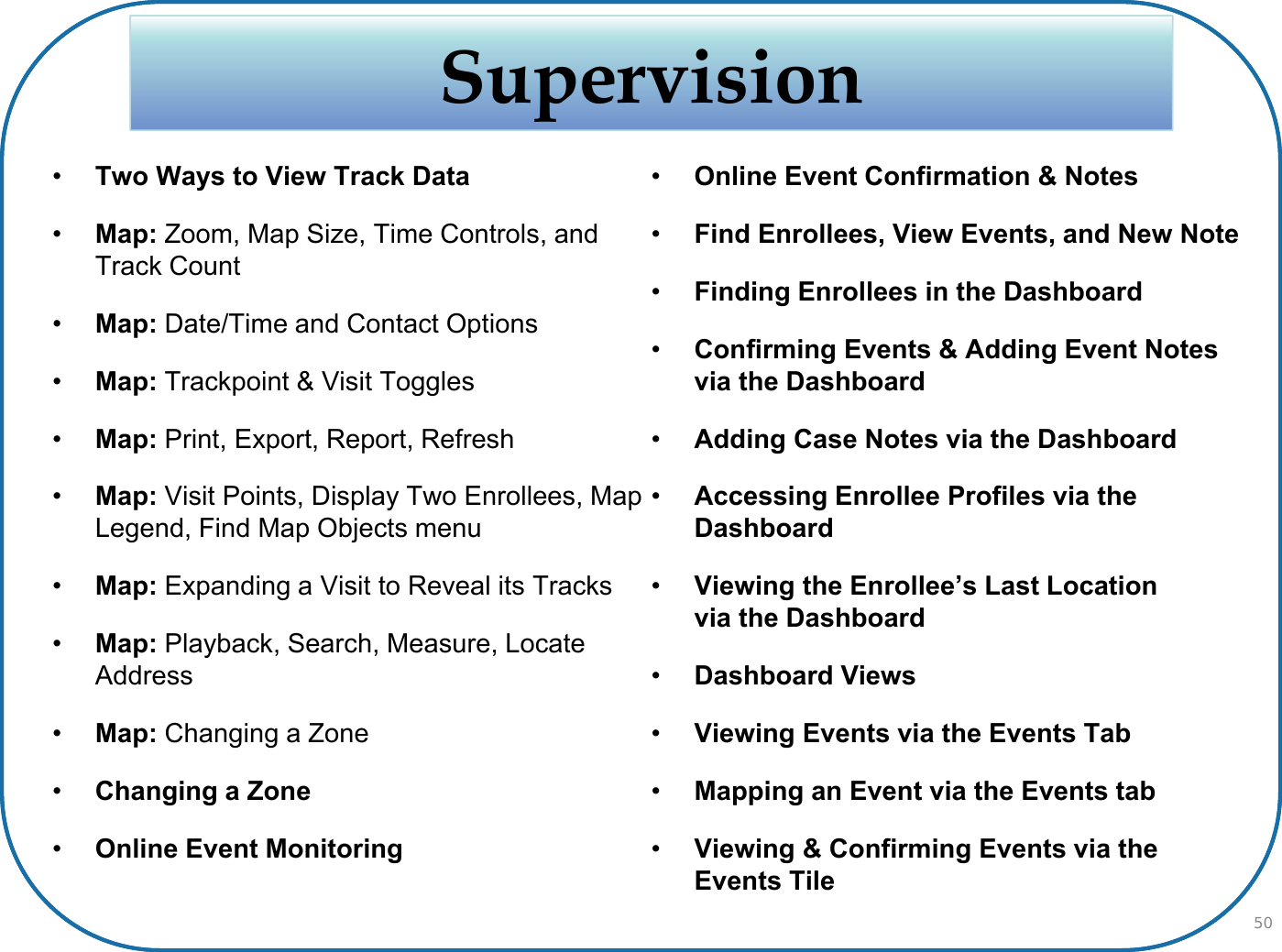 Supervision•Two Ways to View Track Data•Map: Zoom, Map Size, Time Controls, and Track Count•Map: Date/Time and Contact Options•Map: Trackpoint &amp; Visit Toggles•Map: Print, Export, Report, Refresh•Map: Visit Points, Display Two Enrollees, Map Legend, Find Map Objects menu•Map: Expanding a Visit to Reveal its Tracks•Map: Playback, Search, Measure, Locate Address•Map: Changing a Zone•Changing a Zone•Online Event Monitoring•Online Event Confirmation &amp; Notes•Find Enrollees, View Events, and New Note•Finding Enrollees in the Dashboard•Confirming Events &amp; Adding Event Notesvia the Dashboard•Adding Case Notes via the Dashboard•Accessing Enrollee Profiles via the Dashboard•Viewing the Enrollee’s Last Locationvia the Dashboard•Dashboard Views•Viewing Events via the Events Tab•Mapping an Event via the Events tab•Viewing &amp; Confirming Events via the Events Tile50