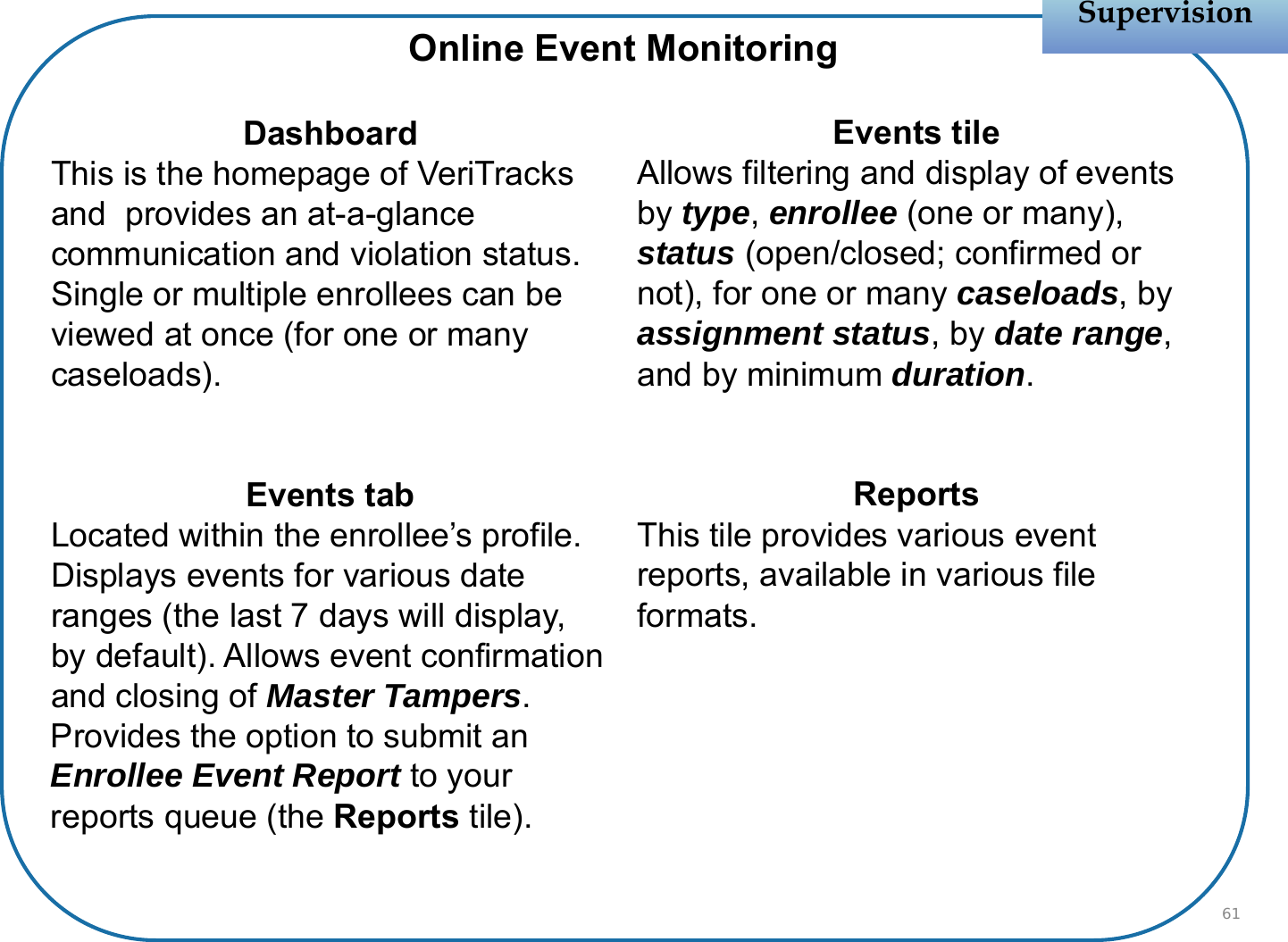 DashboardThis is the homepage of VeriTracks and  provides an at-a-glance communication and violation status. Single or multiple enrollees can be viewed at once (for one or many caseloads).Events tabLocated within the enrollee’s profile. Displays events for various date ranges (the last 7 days will display, by default). Allows event confirmation and closing of Master Tampers. Provides the option to submit an Enrollee Event Report to your reports queue (the Reports tile).Events tileAllows filtering and display of events by type, enrollee (one or many), status (open/closed; confirmed or not), for one or many caseloads, by assignment status, by date range, and by minimum duration.ReportsThis tile provides various event reports, available in various file formats.SupervisionSupervision61Online Event Monitoring