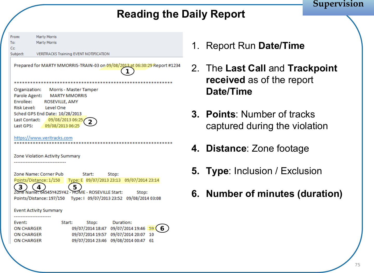 1. Report Run Date/Time2. The Last Call and Trackpointreceived as of the report Date/Time3. Points: Number of tracks captured during the violation4. Distance: Zone footage5. Type: Inclusion / Exclusion6. Number of minutes (duration)SupervisionSupervision75Reading the Daily Report654321