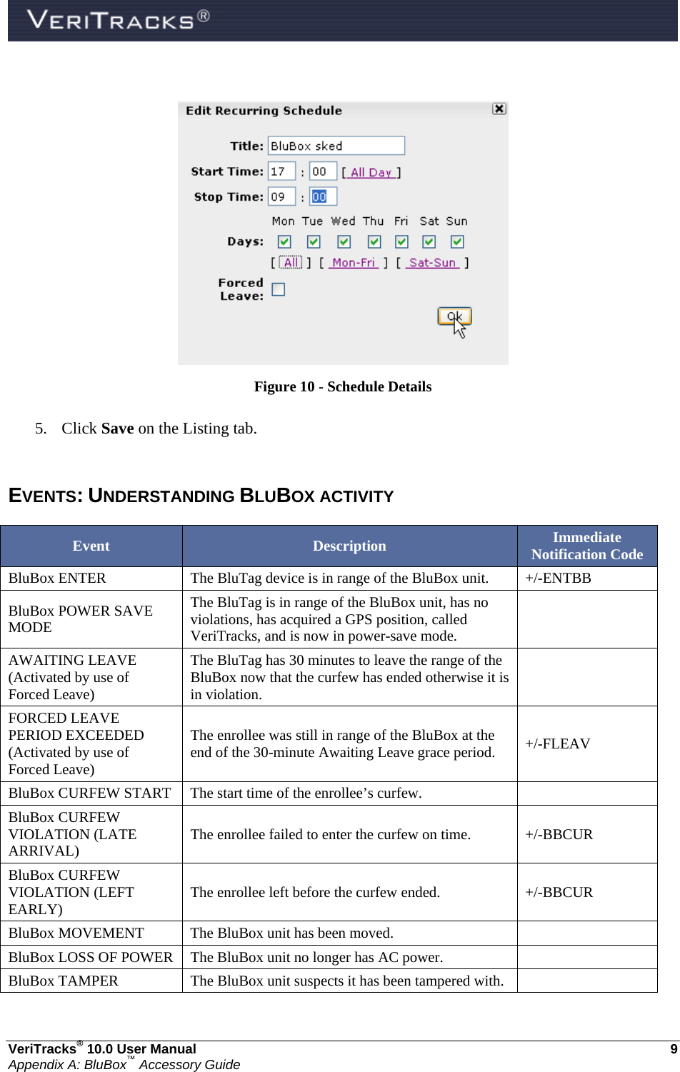  VeriTracks® 10.0 User Manual  9 Appendix A: BluBox™ Accessory Guide   Figure 10 - Schedule Details  5. Click Save on the Listing tab.  EVENTS: UNDERSTANDING BLUBOX ACTIVITY Event  Description  Immediate Notification Code BluBox ENTER  The BluTag device is in range of the BluBox unit.  +/-ENTBB BluBox POWER SAVE MODE The BluTag is in range of the BluBox unit, has no violations, has acquired a GPS position, called VeriTracks, and is now in power-save mode.    AWAITING LEAVE (Activated by use of Forced Leave) The BluTag has 30 minutes to leave the range of the BluBox now that the curfew has ended otherwise it is in violation.    FORCED LEAVE PERIOD EXCEEDED (Activated by use of Forced Leave) The enrollee was still in range of the BluBox at the end of the 30-minute Awaiting Leave grace period.  +/-FLEAV BluBox CURFEW START  The start time of the enrollee’s curfew.    BluBox CURFEW VIOLATION (LATE ARRIVAL)  The enrollee failed to enter the curfew on time.  +/-BBCUR BluBox CURFEW VIOLATION (LEFT EARLY)  The enrollee left before the curfew ended.  +/-BBCUR BluBox MOVEMENT  The BluBox unit has been moved.    BluBox LOSS OF POWER  The BluBox unit no longer has AC power.    BluBox TAMPER  The BluBox unit suspects it has been tampered with.     