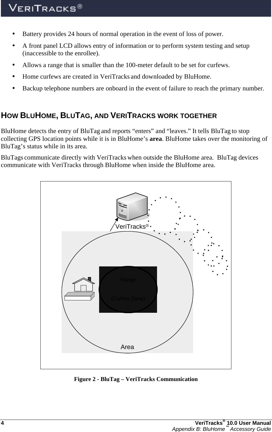  4  VeriTracks® 10.0 User Manual Appendix B: BluHome™ Accessory Guide • Battery provides 24 hours of normal operation in the event of loss of power. • A front panel LCD allows entry of information or to perform system testing and setup (inaccessible to the enrollee). • Allows a range that is smaller than the 100-meter default to be set for curfews.   • Home curfews are created in VeriTracks and downloaded by BluHome. • Backup telephone numbers are onboard in the event of failure to reach the primary number.  HOW BLUHOME, BLUTAG, AND VERITRACKS WORK TOGETHER BluHome detects the entry of BluTag and reports “enters” and “leaves.” It tells BluTag to stop collecting GPS location points while it is in BluHome’s area. BluHome takes over the monitoring of BluTag’s status while in its area. BluTags communicate directly with VeriTracks when outside the BluHome area.  BluTag devices communicate with VeriTracks through BluHome when inside the BluHome area.                    Figure 2 - BluTag – VeriTracks Communication VeriTracks®Phone LineAreaRange(Curfew Zone)