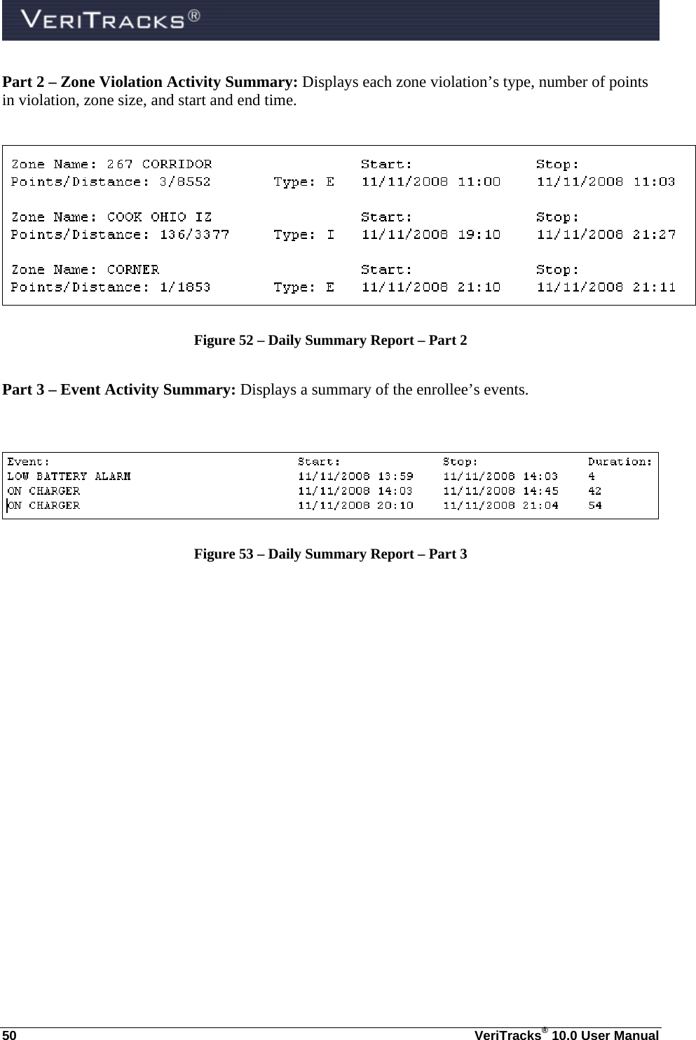  50  VeriTracks® 10.0 User Manual Part 2 – Zone Violation Activity Summary: Displays each zone violation’s type, number of points in violation, zone size, and start and end time.   Figure 52 – Daily Summary Report – Part 2  Part 3 – Event Activity Summary: Displays a summary of the enrollee’s events.   Figure 53 – Daily Summary Report – Part 3  