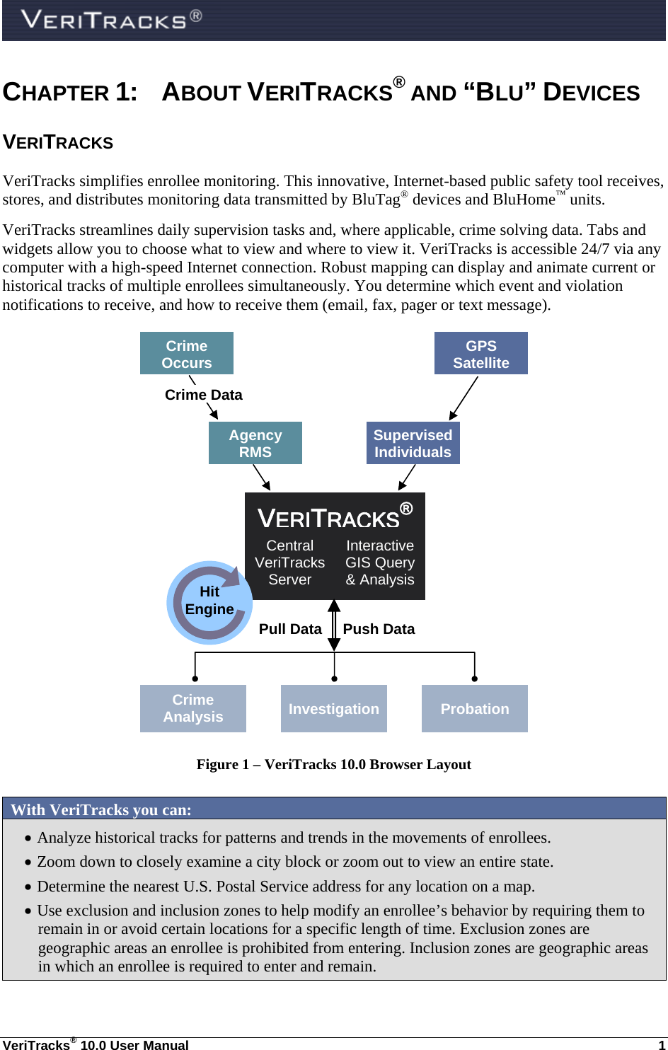  VeriTracks® 10.0 User Manual  1 CHAPTER 1:  ABOUT VERITRACKS® AND “BLU” DEVICES  VERITRACKS VeriTracks simplifies enrollee monitoring. This innovative, Internet-based public safety tool receives, stores, and distributes monitoring data transmitted by BluTag® devices and BluHome™ units.   VeriTracks streamlines daily supervision tasks and, where applicable, crime solving data. Tabs and widgets allow you to choose what to view and where to view it. VeriTracks is accessible 24/7 via any computer with a high-speed Internet connection. Robust mapping can display and animate current or historical tracks of multiple enrollees simultaneously. You determine which event and violation notifications to receive, and how to receive them (email, fax, pager or text message).     Figure 1 – VeriTracks 10.0 Browser Layout  With VeriTracks you can:  Analyze historical tracks for patterns and trends in the movements of enrollees.   Zoom down to closely examine a city block or zoom out to view an entire state.   Determine the nearest U.S. Postal Service address for any location on a map.  Use exclusion and inclusion zones to help modify an enrollee’s behavior by requiring them to remain in or avoid certain locations for a specific length of time. Exclusion zones are geographic areas an enrollee is prohibited from entering. Inclusion zones are geographic areas in which an enrollee is required to enter and remain. VERITRACKS®Central VeriTracks Server Interactive GIS Query &amp; Analysis Crime Occurs Agency RMSGPS Satellite Supervised IndividualsCrime DataCrime Analysis  Investigation Probation Pull Data Push DataHit Engine