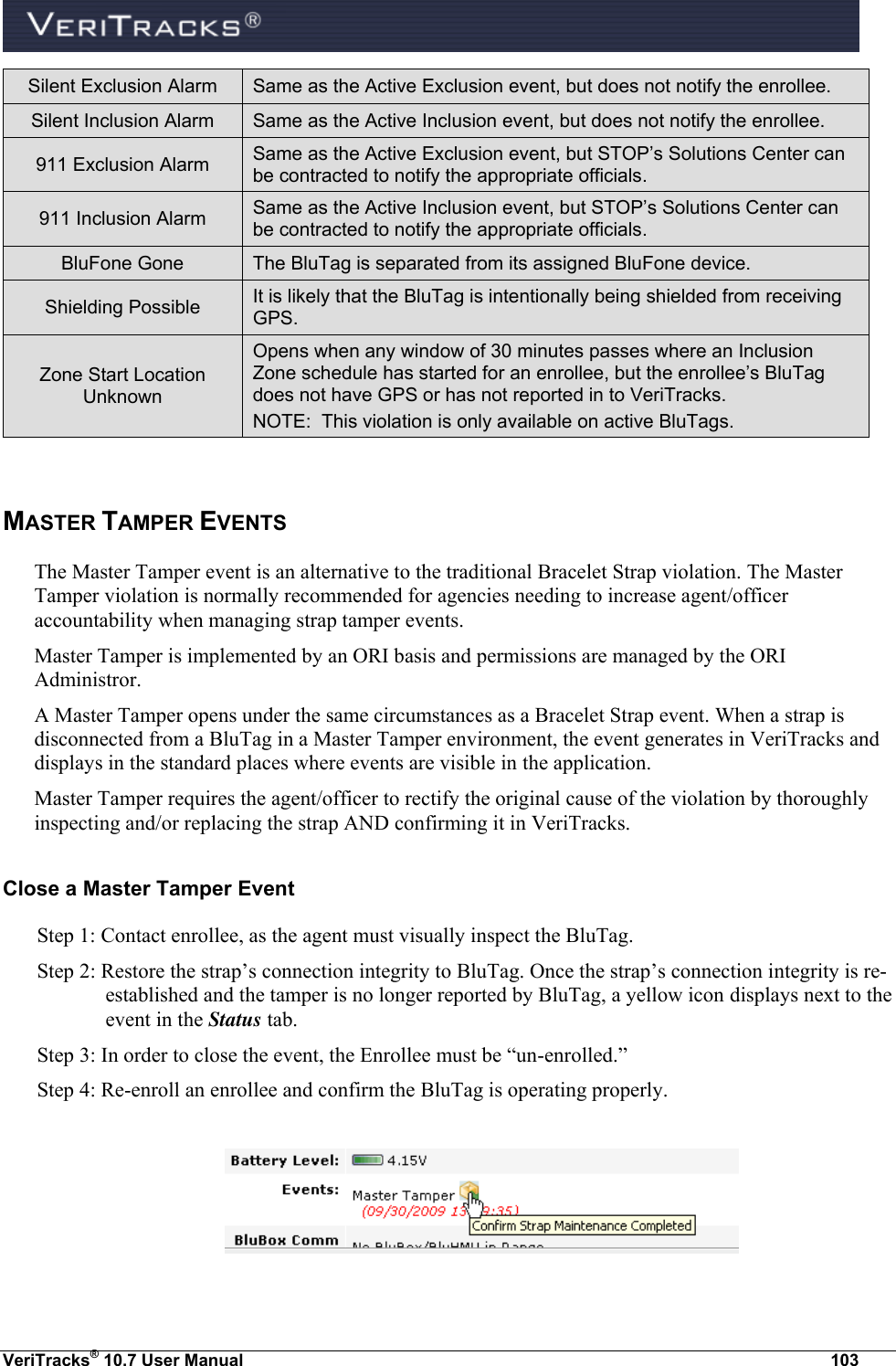  VeriTracks® 10.7 User Manual  103 Silent Exclusion Alarm Same as the Active Exclusion event, but does not notify the enrollee. Silent Inclusion Alarm Same as the Active Inclusion event, but does not notify the enrollee. 911 Exclusion Alarm Same as the Active Exclusion event, but STOP’s Solutions Center can be contracted to notify the appropriate officials. 911 Inclusion Alarm Same as the Active Inclusion event, but STOP’s Solutions Center can be contracted to notify the appropriate officials. BluFone Gone The BluTag is separated from its assigned BluFone device. Shielding Possible It is likely that the BluTag is intentionally being shielded from receiving GPS.  Zone Start Location Unknown  Opens when any window of 30 minutes passes where an Inclusion Zone schedule has started for an enrollee, but the enrollee’s BluTag does not have GPS or has not reported in to VeriTracks. NOTE:  This violation is only available on active BluTags.  MASTER TAMPER EVENTS The Master Tamper event is an alternative to the traditional Bracelet Strap violation. The Master Tamper violation is normally recommended for agencies needing to increase agent/officer accountability when managing strap tamper events.  Master Tamper is implemented by an ORI basis and permissions are managed by the ORI Administror. A Master Tamper opens under the same circumstances as a Bracelet Strap event. When a strap is disconnected from a BluTag in a Master Tamper environment, the event generates in VeriTracks and displays in the standard places where events are visible in the application. Master Tamper requires the agent/officer to rectify the original cause of the violation by thoroughly inspecting and/or replacing the strap AND confirming it in VeriTracks.  Close a Master Tamper Event Step 1: Contact enrollee, as the agent must visually inspect the BluTag.  Step 2: Restore the strap’s connection integrity to BluTag. Once the strap’s connection integrity is re-established and the tamper is no longer reported by BluTag, a yellow icon displays next to the event in the Status tab.   Step 3: In order to close the event, the Enrollee must be “un-enrolled.” Step 4: Re-enroll an enrollee and confirm the BluTag is operating properly.    