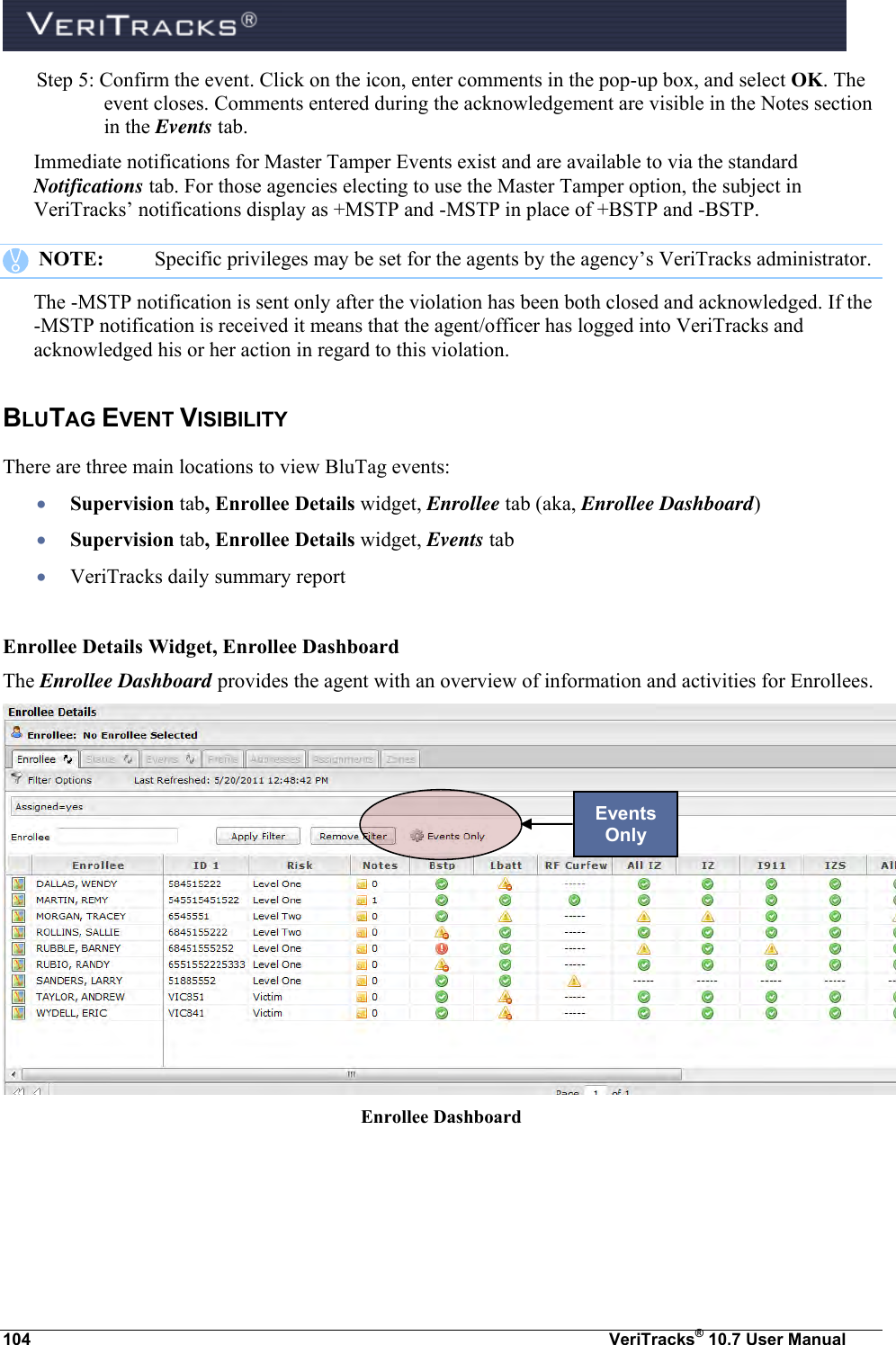  104  VeriTracks® 10.7 User Manual Step 5: Confirm the event. Click on the icon, enter comments in the pop-up box, and select OK. The event closes. Comments entered during the acknowledgement are visible in the Notes section in the Events tab. Immediate notifications for Master Tamper Events exist and are available to via the standard Notifications tab. For those agencies electing to use the Master Tamper option, the subject in VeriTracks’ notifications display as +MSTP and -MSTP in place of +BSTP and -BSTP.    NOTE:  Specific privileges may be set for the agents by the agency’s VeriTracks administrator. The -MSTP notification is sent only after the violation has been both closed and acknowledged. If the -MSTP notification is received it means that the agent/officer has logged into VeriTracks and acknowledged his or her action in regard to this violation. BLUTAG EVENT VISIBILITY There are three main locations to view BluTag events:    Supervision tab, Enrollee Details widget, Enrollee tab (aka, Enrollee Dashboard)  Supervision tab, Enrollee Details widget, Events tab  VeriTracks daily summary report  Enrollee Details Widget, Enrollee Dashboard The Enrollee Dashboard provides the agent with an overview of information and activities for Enrollees.   Enrollee Dashboard    Events Only 