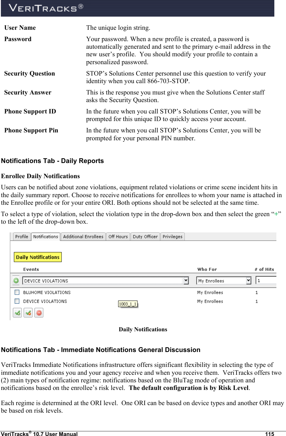  VeriTracks® 10.7 User Manual  115 User Name The unique login string. Password Your password. When a new profile is created, a password is automatically generated and sent to the primary e-mail address in the new user’s profile.  You should modify your profile to contain a personalized password. Security Question STOP’s Solutions Center personnel use this question to verify your identity when you call 866-703-STOP.  Security Answer This is the response you must give when the Solutions Center staff asks the Security Question. Phone Support ID In the future when you call STOP’s Solutions Center, you will be prompted for this unique ID to quickly access your account. Phone Support Pin In the future when you call STOP’s Solutions Center, you will be prompted for your personal PIN number. Notifications Tab - Daily Reports Enrollee Daily Notifications Users can be notified about zone violations, equipment related violations or crime scene incident hits in the daily summary report. Choose to receive notifications for enrollees to whom your name is attached in the Enrollee profile or for your entire ORI. Both options should not be selected at the same time. To select a type of violation, select the violation type in the drop-down box and then select the green “+” to the left of the drop-down box.  Daily Notifications Notifications Tab - Immediate Notifications General Discussion VeriTracks Immediate Notifications infrastructure offers significant flexibility in selecting the type of immediate notifications you and your agency receive and when you receive them.  VeriTracks offers two (2) main types of notification regime: notifications based on the BluTag mode of operation and notifications based on the enrollee’s risk level.  The default configuration is by Risk Level.  Each regime is determined at the ORI level.  One ORI can be based on device types and another ORI may be based on risk levels. 