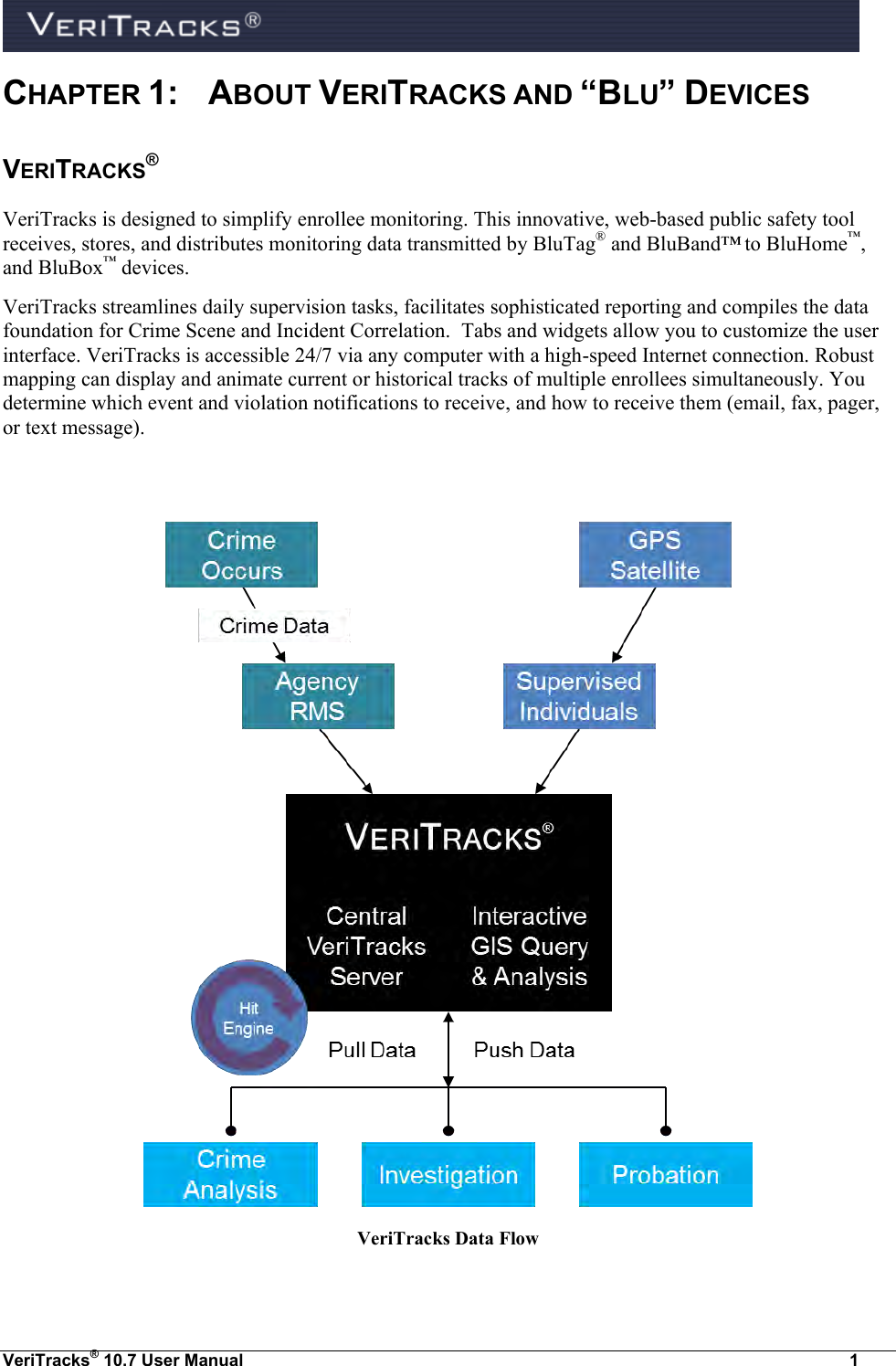  VeriTracks® 10.7 User Manual  1 CHAPTER 1:   ABOUT VERITRACKS AND “BLU” DEVICES  VERITRACKS® VeriTracks is designed to simplify enrollee monitoring. This innovative, web-based public safety tool receives, stores, and distributes monitoring data transmitted by BluTag® and BluBand™ to BluHome™, and BluBox™ devices.   VeriTracks streamlines daily supervision tasks, facilitates sophisticated reporting and compiles the data foundation for Crime Scene and Incident Correlation.  Tabs and widgets allow you to customize the user interface. VeriTracks is accessible 24/7 via any computer with a high-speed Internet connection. Robust mapping can display and animate current or historical tracks of multiple enrollees simultaneously. You determine which event and violation notifications to receive, and how to receive them (email, fax, pager, or text message).                                VeriTracks Data Flow 