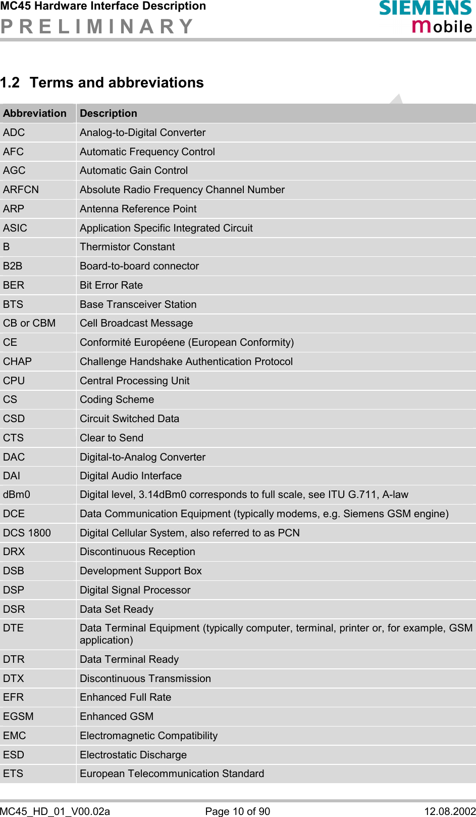 MC45 Hardware Interface Description P R E L I M I N A R Y      MC45_HD_01_V00.02a  Page 10 of 90  12.08.2002 1.2  Terms and abbreviations Abbreviation  Description ADC  Analog-to-Digital Converter AFC  Automatic Frequency Control AGC  Automatic Gain Control ARFCN  Absolute Radio Frequency Channel Number ARP  Antenna Reference Point ASIC  Application Specific Integrated Circuit B  Thermistor Constant B2B  Board-to-board connector BER  Bit Error Rate BTS  Base Transceiver Station CB or CBM  Cell Broadcast Message CE  Conformité Européene (European Conformity) CHAP  Challenge Handshake Authentication Protocol CPU  Central Processing Unit CS  Coding Scheme CSD  Circuit Switched Data CTS  Clear to Send DAC  Digital-to-Analog Converter DAI  Digital Audio Interface dBm0  Digital level, 3.14dBm0 corresponds to full scale, see ITU G.711, A-law DCE  Data Communication Equipment (typically modems, e.g. Siemens GSM engine) DCS 1800  Digital Cellular System, also referred to as PCN DRX  Discontinuous Reception DSB  Development Support Box DSP  Digital Signal Processor DSR  Data Set Ready DTE  Data Terminal Equipment (typically computer, terminal, printer or, for example, GSM application) DTR  Data Terminal Ready DTX  Discontinuous Transmission EFR  Enhanced Full Rate EGSM  Enhanced GSM EMC  Electromagnetic Compatibility ESD  Electrostatic Discharge ETS  European Telecommunication Standard 