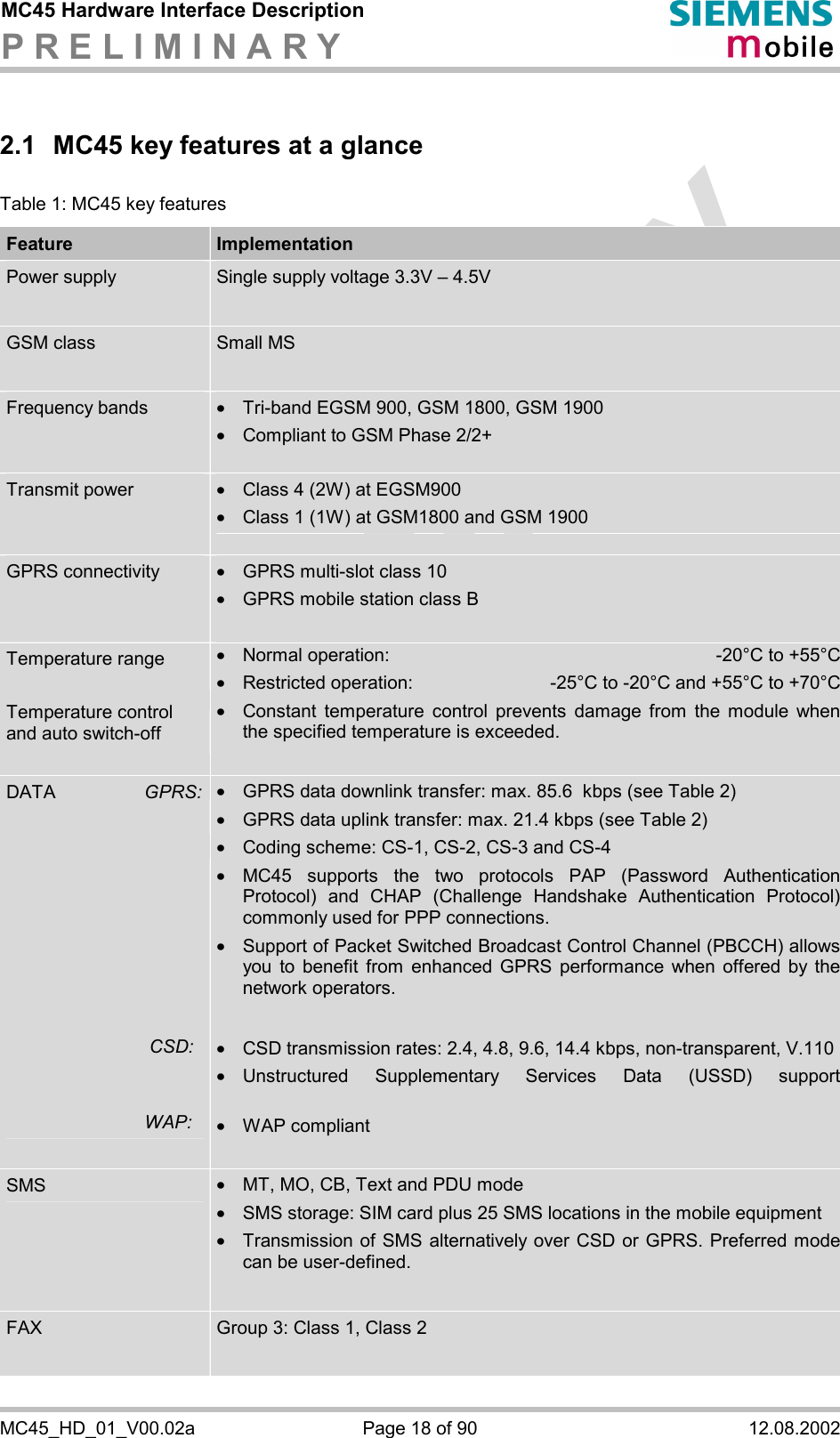 MC45 Hardware Interface Description P R E L I M I N A R Y      MC45_HD_01_V00.02a  Page 18 of 90  12.08.2002 2.1  MC45 key features at a glance Table 1: MC45 key features  Feature  Implementation Power supply  Single supply voltage 3.3V – 4.5V   GSM class  Small MS  Frequency bands  ·  Tri-band EGSM 900, GSM 1800, GSM 1900 ·  Compliant to GSM Phase 2/2+  Transmit power  ·  Class 4 (2W) at EGSM900 ·  Class 1 (1W) at GSM1800 and GSM 1900  GPRS connectivity  ·  GPRS multi-slot class 10 ·  GPRS mobile station class B  Temperature range   Temperature control and auto switch-off ·  Normal operation:   -20°C to +55°C ·  Restricted operation:   -25°C to -20°C and +55°C to +70°C·  Constant temperature control prevents damage from the module when the specified temperature is exceeded.  DATA  GPRS:            CSD:    WAP: ·  GPRS data downlink transfer: max. 85.6  kbps (see Table 2) ·  GPRS data uplink transfer: max. 21.4 kbps (see Table 2) ·  Coding scheme: CS-1, CS-2, CS-3 and CS-4 ·  MC45 supports the two protocols PAP (Password Authentication Protocol) and CHAP (Challenge Handshake Authentication Protocol) commonly used for PPP connections. ·  Support of Packet Switched Broadcast Control Channel (PBCCH) allows you to benefit from enhanced GPRS performance when offered by the network operators.   ·  CSD transmission rates: 2.4, 4.8, 9.6, 14.4 kbps, non-transparent, V.110 ·  Unstructured Supplementary Services Data (USSD) support  ·  WAP compliant  SMS  ·  MT, MO, CB, Text and PDU mode ·  SMS storage: SIM card plus 25 SMS locations in the mobile equipment ·  Transmission of SMS alternatively over CSD or GPRS. Preferred mode can be user-defined.  FAX  Group 3: Class 1, Class 2  