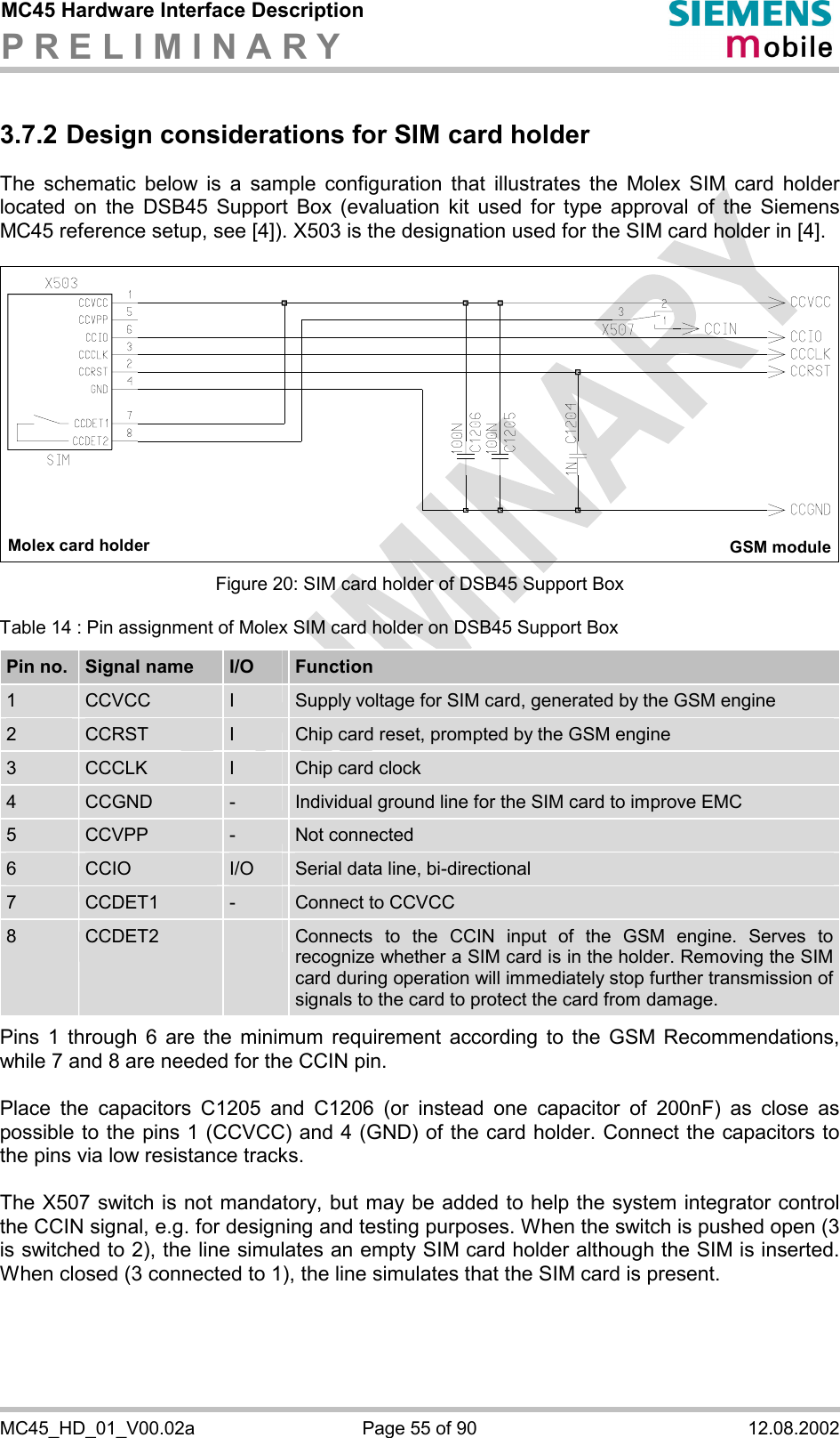 MC45 Hardware Interface Description P R E L I M I N A R Y      MC45_HD_01_V00.02a  Page 55 of 90  12.08.2002 3.7.2 Design considerations for SIM card holder The schematic below is a sample configuration that illustrates the Molex SIM card holder located on the DSB45 Support Box (evaluation kit used for type approval of the Siemens MC45 reference setup, see [4]). X503 is the designation used for the SIM card holder in [4].   Molex card holder GSM module  Figure 20: SIM card holder of DSB45 Support Box Table 14 : Pin assignment of Molex SIM card holder on DSB45 Support Box Pin no.  Signal name  I/O  Function 1  CCVCC  I  Supply voltage for SIM card, generated by the GSM engine 2  CCRST  I  Chip card reset, prompted by the GSM engine 3  CCCLK  I  Chip card clock 4  CCGND  -  Individual ground line for the SIM card to improve EMC 5  CCVPP  -  Not connected 6  CCIO  I/O  Serial data line, bi-directional 7  CCDET1  -  Connect to CCVCC  8  CCDET2   Connects to the CCIN input of the GSM engine. Serves to recognize whether a SIM card is in the holder. Removing the SIM card during operation will immediately stop further transmission of signals to the card to protect the card from damage.   Pins 1 through 6 are the minimum requirement according to the GSM Recommendations, while 7 and 8 are needed for the CCIN pin.   Place the capacitors C1205 and C1206 (or instead one capacitor of 200nF) as close as possible to the pins 1 (CCVCC) and 4 (GND) of the card holder. Connect the capacitors to the pins via low resistance tracks.  The X507 switch is not mandatory, but may be added to help the system integrator control the CCIN signal, e.g. for designing and testing purposes. When the switch is pushed open (3 is switched to 2), the line simulates an empty SIM card holder although the SIM is inserted. When closed (3 connected to 1), the line simulates that the SIM card is present. 