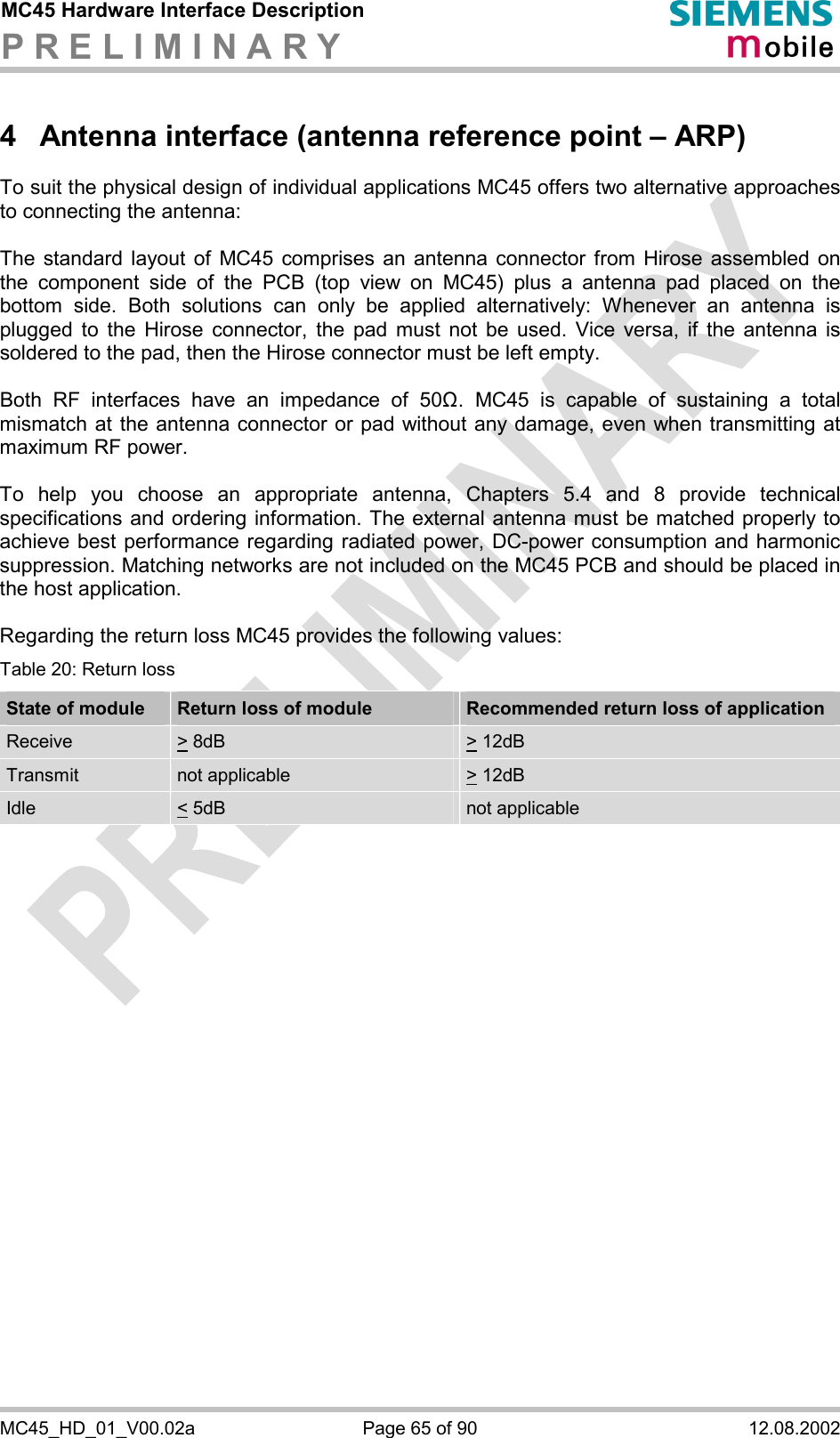 MC45 Hardware Interface Description P R E L I M I N A R Y      MC45_HD_01_V00.02a  Page 65 of 90  12.08.2002 4  Antenna interface (antenna reference point – ARP)  To suit the physical design of individual applications MC45 offers two alternative approaches to connecting the antenna:   The standard layout of MC45 comprises an antenna connector from Hirose assembled on the component side of the PCB (top view on MC45) plus a antenna pad placed on the bottom side. Both solutions can only be applied alternatively: Whenever an antenna is plugged to the Hirose connector, the pad must not be used. Vice versa, if the antenna is soldered to the pad, then the Hirose connector must be left empty.     Both RF interfaces have an impedance of 50&quot;. MC45 is capable of sustaining a total mismatch at the antenna connector or pad without any damage, even when transmitting at maximum RF power.  To help you choose an appropriate antenna, Chapters 5.4 and 8 provide technical specifications and ordering information. The external antenna must be matched properly to achieve best performance regarding radiated power, DC-power consumption and harmonic suppression. Matching networks are not included on the MC45 PCB and should be placed in the host application.   Regarding the return loss MC45 provides the following values: Table 20: Return loss State of module  Return loss of module  Recommended return loss of application Receive  &gt; 8dB  &gt; 12dB  Transmit   not applicable   &gt; 12dB  Idle  &lt; 5dB   not applicable  