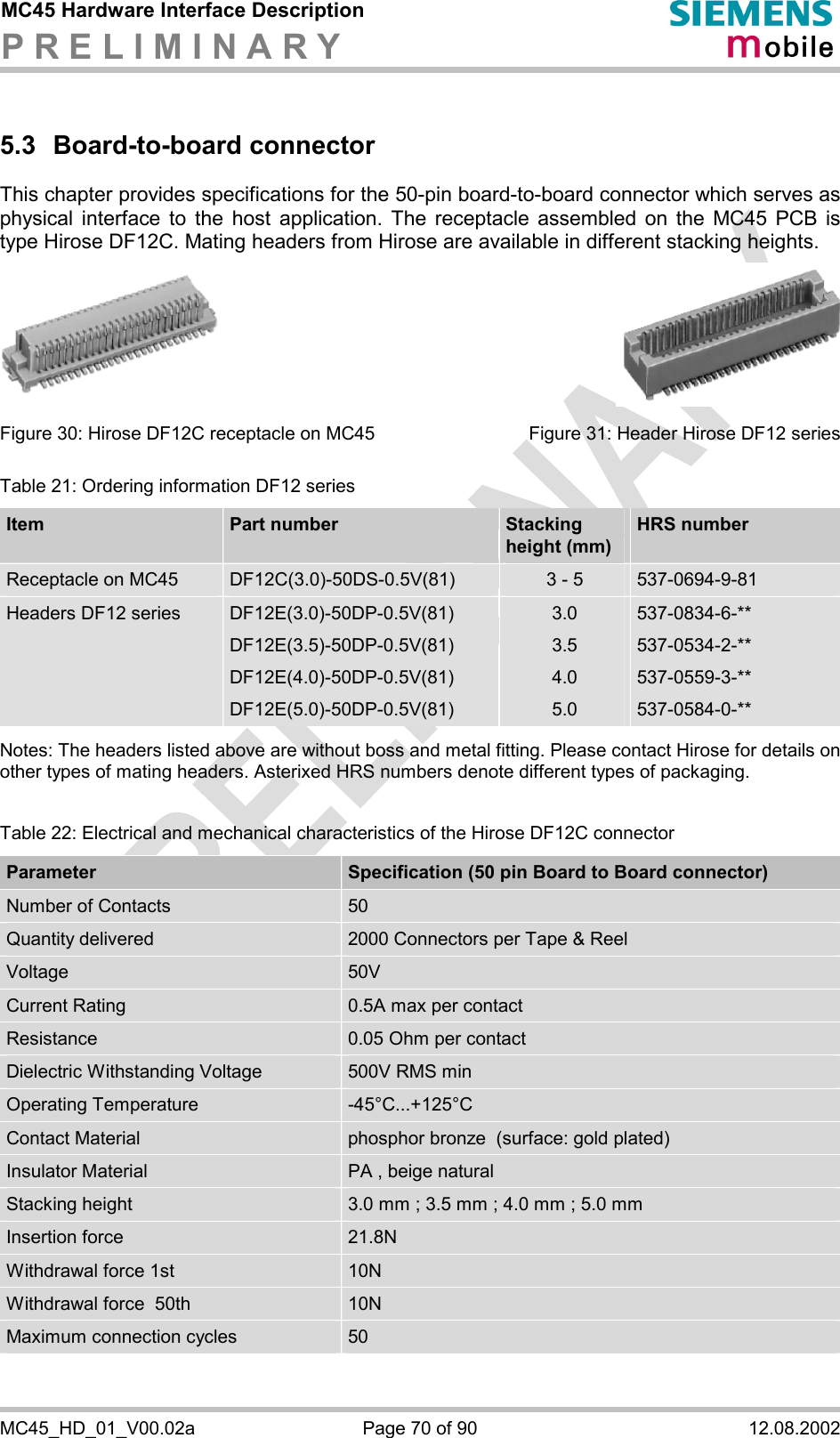 MC45 Hardware Interface Description P R E L I M I N A R Y      MC45_HD_01_V00.02a  Page 70 of 90  12.08.2002 5.3 Board-to-board connector This chapter provides specifications for the 50-pin board-to-board connector which serves as physical interface to the host application. The receptacle assembled on the MC45 PCB is type Hirose DF12C. Mating headers from Hirose are available in different stacking heights.          Figure 30: Hirose DF12C receptacle on MC45        Figure 31: Header Hirose DF12 series Table 21: Ordering information DF12 series Item  Part number   Stacking  height (mm) HRS number Receptacle on MC45  DF12C(3.0)-50DS-0.5V(81)  3 - 5  537-0694-9-81 Headers DF12 series  DF12E(3.0)-50DP-0.5V(81) DF12E(3.5)-50DP-0.5V(81) DF12E(4.0)-50DP-0.5V(81) DF12E(5.0)-50DP-0.5V(81) 3.0 3.5 4.0 5.0 537-0834-6-** 537-0534-2-** 537-0559-3-** 537-0584-0-**  Notes: The headers listed above are without boss and metal fitting. Please contact Hirose for details on other types of mating headers. Asterixed HRS numbers denote different types of packaging.   Table 22: Electrical and mechanical characteristics of the Hirose DF12C connector Parameter  Specification (50 pin Board to Board connector) Number of Contacts  50 Quantity delivered  2000 Connectors per Tape &amp; Reel Voltage  50V Current Rating  0.5A max per contact Resistance  0.05 Ohm per contact Dielectric Withstanding Voltage  500V RMS min Operating Temperature  -45°C...+125°C Contact Material  phosphor bronze  (surface: gold plated) Insulator Material  PA , beige natural Stacking height  3.0 mm ; 3.5 mm ; 4.0 mm ; 5.0 mm Insertion force  21.8N Withdrawal force 1st 10N Withdrawal force  50th 10N Maximum connection cycles  50  