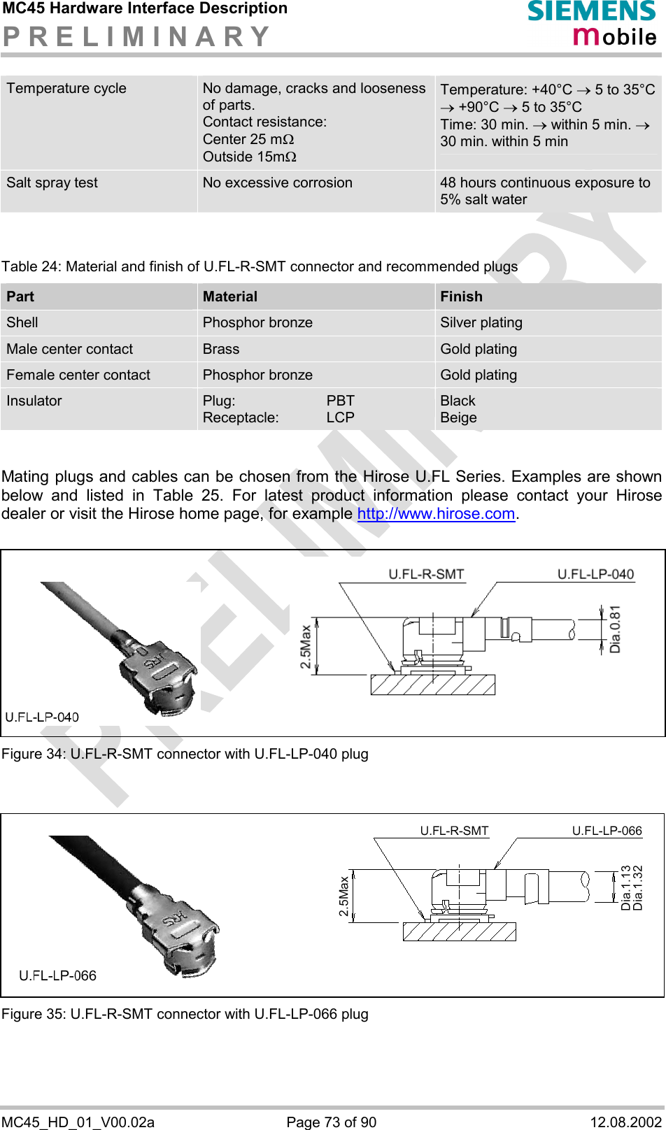 MC45 Hardware Interface Description P R E L I M I N A R Y      MC45_HD_01_V00.02a  Page 73 of 90  12.08.2002 Temperature cycle  No damage, cracks and looseness of parts. Contact resistance: Center 25 mW  Outside 15mW Temperature: +40°C ® 5 to 35°C ® +90°C ® 5 to 35°C Time: 30 min. ® within 5 min. ® 30 min. within 5 min Salt spray test  No excessive corrosion  48 hours continuous exposure to 5% salt water   Table 24: Material and finish of U.FL-R-SMT connector and recommended plugs Part  Material  Finish Shell  Phosphor bronze  Silver plating Male center contact   Brass  Gold plating Female center contact   Phosphor bronze  Gold plating Insulator  Plug:   PBT Receptacle: LCP Black Beige   Mating plugs and cables can be chosen from the Hirose U.FL Series. Examples are shown below and listed in Table 25. For latest product information please contact your Hirose dealer or visit the Hirose home page, for example http://www.hirose.com.   Figure 34: U.FL-R-SMT connector with U.FL-LP-040 plug   Figure 35: U.FL-R-SMT connector with U.FL-LP-066 plug    