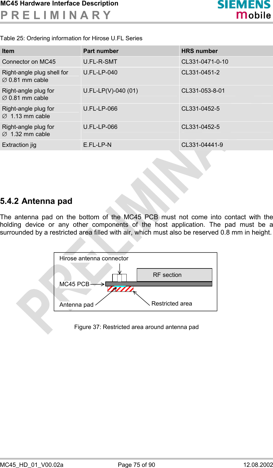 MC45 Hardware Interface Description P R E L I M I N A R Y      MC45_HD_01_V00.02a  Page 75 of 90  12.08.2002 Table 25: Ordering information for Hirose U.FL Series Item  Part number   HRS number Connector on MC45  U.FL-R-SMT   CL331-0471-0-10 Right-angle plug shell for Æ 0.81 mm cable U.FL-LP-040  CL331-0451-2 Right-angle plug for  Æ 0.81 mm cable U.FL-LP(V)-040 (01)  CL331-053-8-01 Right-angle plug for  Æ  1.13 mm cable U.FL-LP-066  CL331-0452-5 Right-angle plug for  Æ  1.32 mm cable U.FL-LP-066  CL331-0452-5 Extraction jig  E.FL-LP-N  CL331-04441-9      5.4.2 Antenna pad The antenna pad on the bottom of the MC45 PCB must not come into contact with the holding device or any other components of the host application. The pad must be a surrounded by a restricted area filled with air, which must also be reserved 0.8 mm in height.    MC45 PCB Hirose antenna connector RF section Antenna pad  Restricted area   Figure 37: Restricted area around antenna pad  