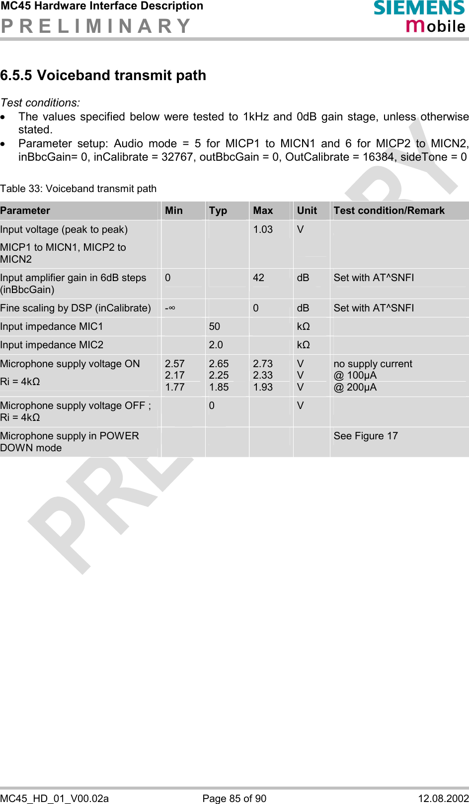 MC45 Hardware Interface Description P R E L I M I N A R Y      MC45_HD_01_V00.02a  Page 85 of 90  12.08.2002 6.5.5 Voiceband transmit path Test conditions: ·  The values specified below were tested to 1kHz and 0dB gain stage, unless otherwise stated.  ·  Parameter setup: Audio mode = 5 for MICP1 to MICN1 and 6 for MICP2 to MICN2, inBbcGain= 0, inCalibrate = 32767, outBbcGain = 0, OutCalibrate = 16384, sideTone = 0  Table 33: Voiceband transmit path Parameter  Min  Typ  Max  Unit  Test condition/Remark Input voltage (peak to peak) MICP1 to MICN1, MICP2 to MICN2     1.03  V   Input amplifier gain in 6dB steps (inBbcGain) 0   42  dB  Set with AT^SNFI Fine scaling by DSP (inCalibrate)  -$    0  dB  Set with AT^SNFI Input impedance MIC1   50    k&quot;   Input impedance MIC2   2.0    k&quot;   Microphone supply voltage ON Ri = 4k&quot;  2.57 2.17 1.77 2.65 2.25 1.85 2.73 2.33 1.93 V V V no supply current @ 100µA @ 200µA Microphone supply voltage OFF ; Ri = 4k&quot;   0   V   Microphone supply in POWER DOWN mode         See Figure 17   