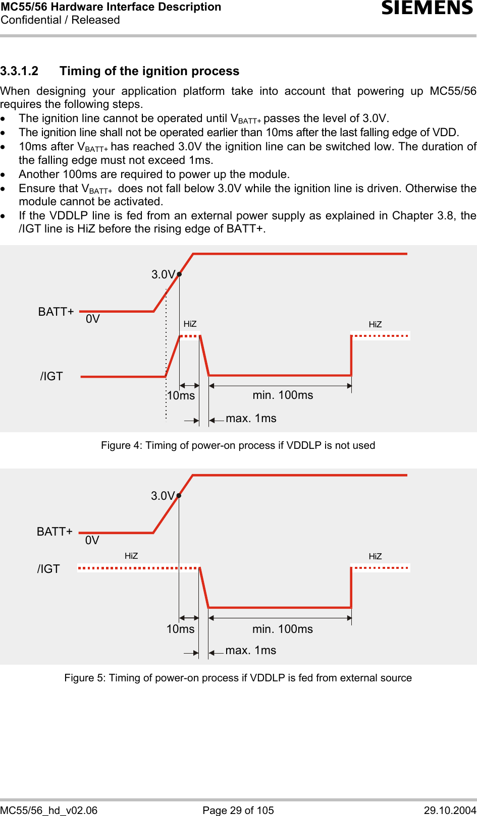 MC55/56 Hardware Interface Description Confidential / Released s MC55/56_hd_v02.06  Page 29 of 105  29.10.2004 3.3.1.2  Timing of the ignition process When designing your application platform take into account that powering up MC55/56 requires the following steps. •  The ignition line cannot be operated until VBATT+ passes the level of 3.0V. •  The ignition line shall not be operated earlier than 10ms after the last falling edge of VDD. •  10ms after VBATT+ has reached 3.0V the ignition line can be switched low. The duration of the falling edge must not exceed 1ms. •  Another 100ms are required to power up the module.  •  Ensure that VBATT+  does not fall below 3.0V while the ignition line is driven. Otherwise the module cannot be activated.  •  If the VDDLP line is fed from an external power supply as explained in Chapter 3.8, the /IGT line is HiZ before the rising edge of BATT+. Figure 4: Timing of power-on process if VDDLP is not used Figure 5: Timing of power-on process if VDDLP is fed from external source 3.0V0VBATT+min. 100msmax. 1ms10ms/IGTHiZHiZ3.0V0Vmin. 100msmax. 1ms10msHiZHiZBATT+/IGT