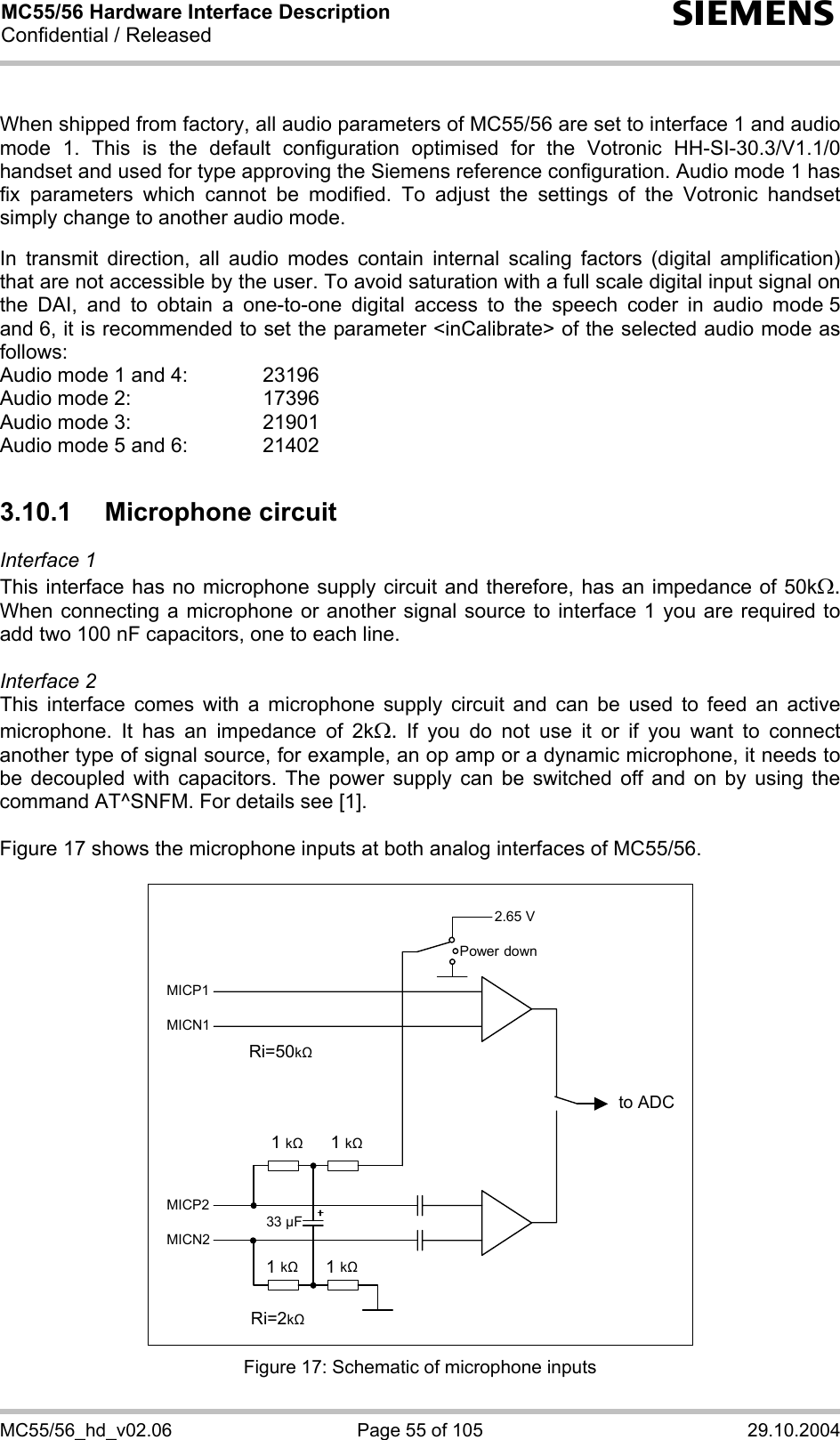 MC55/56 Hardware Interface Description Confidential / Released s MC55/56_hd_v02.06  Page 55 of 105  29.10.2004  When shipped from factory, all audio parameters of MC55/56 are set to interface 1 and audio mode 1. This is the default configuration optimised for the Votronic HH-SI-30.3/V1.1/0 handset and used for type approving the Siemens reference configuration. Audio mode 1 has fix parameters which cannot be modified. To adjust the settings of the Votronic handset simply change to another audio mode.  In transmit direction, all audio modes contain internal scaling factors (digital amplification) that are not accessible by the user. To avoid saturation with a full scale digital input signal on the DAI, and to obtain a one-to-one digital access to the speech coder in audio mode 5 and 6, it is recommended to set the parameter &lt;inCalibrate&gt; of the selected audio mode as follows: Audio mode 1 and 4:    23196 Audio mode 2:     17396 Audio mode 3:    21901 Audio mode 5 and 6:    21402  3.10.1 Microphone circuit Interface 1  This interface has no microphone supply circuit and therefore, has an impedance of 50kΩ. When connecting a microphone or another signal source to interface 1 you are required to add two 100 nF capacitors, one to each line.   Interface 2 This interface comes with a microphone supply circuit and can be used to feed an active microphone. It has an impedance of 2kΩ. If you do not use it or if you want to connect another type of signal source, for example, an op amp or a dynamic microphone, it needs to be decoupled with capacitors. The power supply can be switched off and on by using the command AT^SNFM. For details see [1].  Figure 17 shows the microphone inputs at both analog interfaces of MC55/56.    2.65 V to ADC Power downMICP1MICN1 MICP2MICN2 1 k   1 k1 k 1 k33 µF Ri=50k Ri=2k  Figure 17: Schematic of microphone inputs 