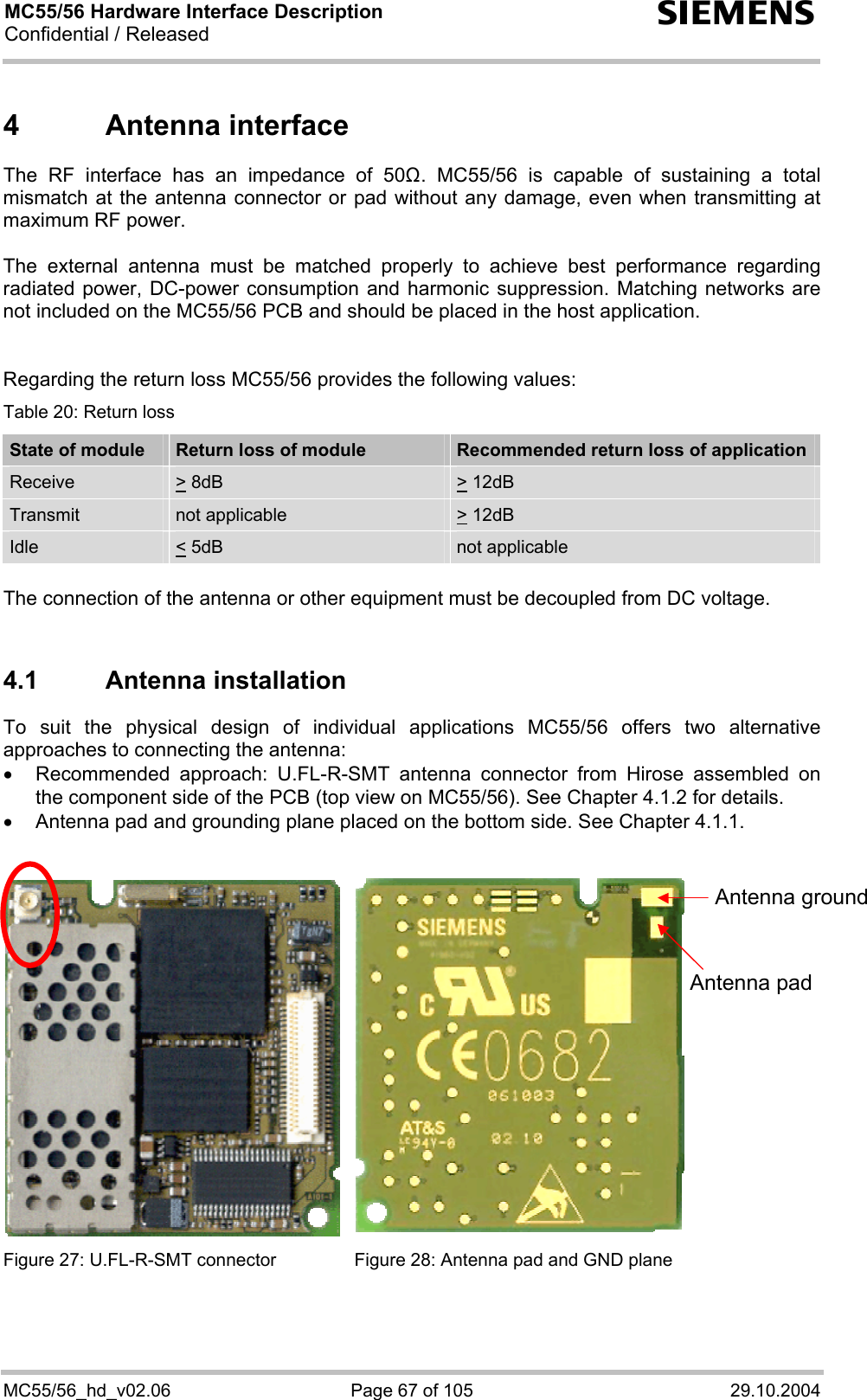 MC55/56 Hardware Interface Description Confidential / Released s MC55/56_hd_v02.06  Page 67 of 105  29.10.2004 4 Antenna interface The RF interface has an impedance of 50. MC55/56 is capable of sustaining a total mismatch at the antenna connector or pad without any damage, even when transmitting at maximum RF power.   The external antenna must be matched properly to achieve best performance regarding radiated power, DC-power consumption and harmonic suppression. Matching networks are not included on the MC55/56 PCB and should be placed in the host application.    Regarding the return loss MC55/56 provides the following values: Table 20: Return loss State of module  Return loss of module  Recommended return loss of application Receive  &gt; 8dB  &gt; 12dB  Transmit   not applicable   &gt; 12dB  Idle  &lt; 5dB   not applicable  The connection of the antenna or other equipment must be decoupled from DC voltage.  4.1 Antenna installation To suit the physical design of individual applications MC55/56 offers two alternative approaches to connecting the antenna:  •  Recommended approach: U.FL-R-SMT antenna connector from Hirose assembled on the component side of the PCB (top view on MC55/56). See Chapter 4.1.2 for details. •  Antenna pad and grounding plane placed on the bottom side. See Chapter 4.1.1.    Figure 27: U.FL-R-SMT connector  Figure 28: Antenna pad and GND plane   Antenna padAntenna ground