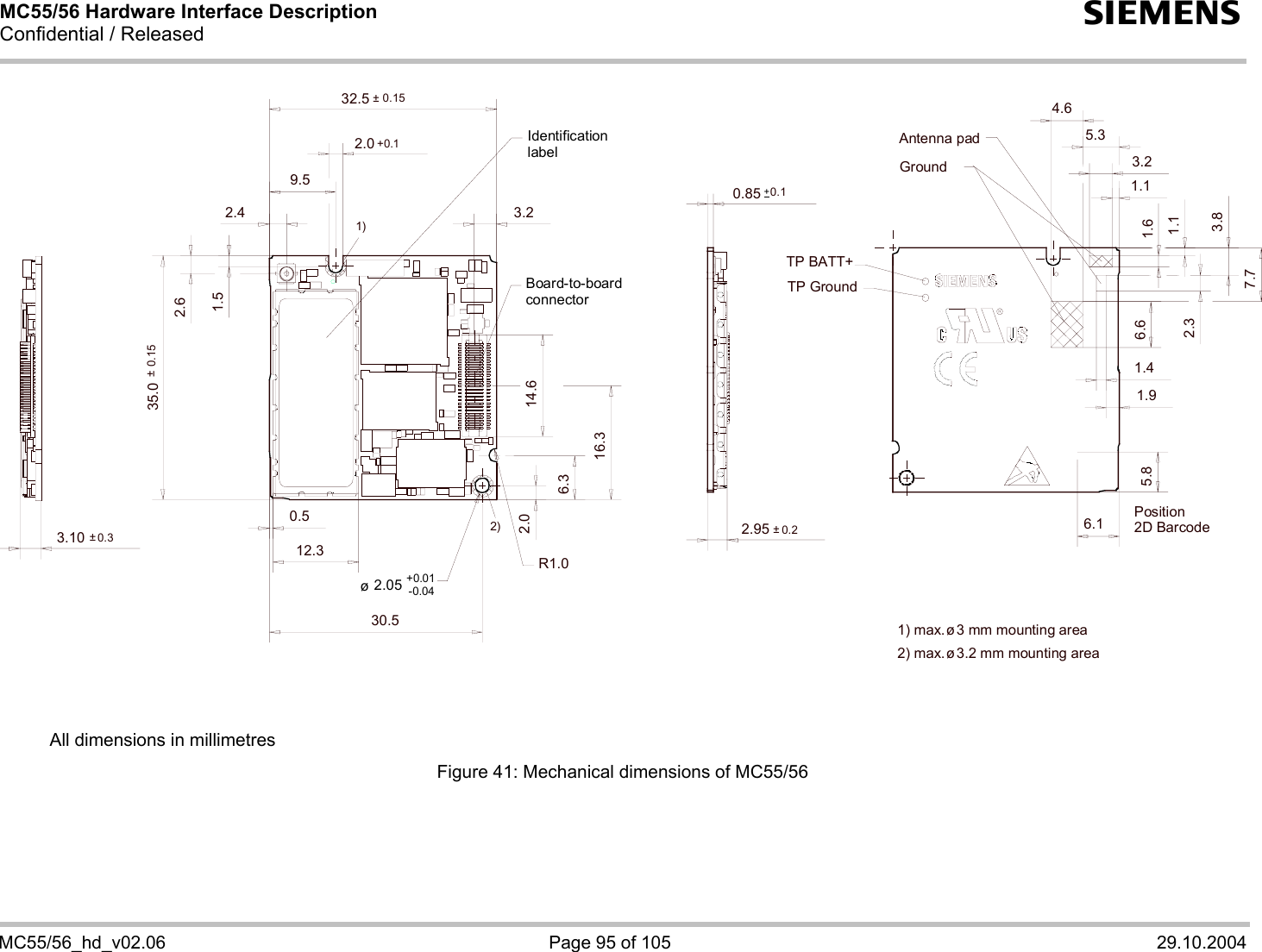 MC55/56 Hardware Interface Description Confidential / Released s   MC55/56_hd_v02.06  Page 95 of 105  29.10.2004  TP GroundGroundTP BATT++32.5 ±0.152.95 ±0.20.85 0.1ø2.05 +0.01-0.0414.60.512.36.64.65.37.73.21.61.11.11.42.31.93.82.0 +0.13.2Antenna padR1.06.32.030.52.62.41.59.516.3Identificationlabel3.10 ±0.36.15.81)2)1) max. ø 3 mm mounting area2) max. ø 3.2 mm mounting areaBoard-to-boardconnector35.0 ±0.15Position2D Barcode     All dimensions in millimetres Figure 41: Mechanical dimensions of MC55/56   