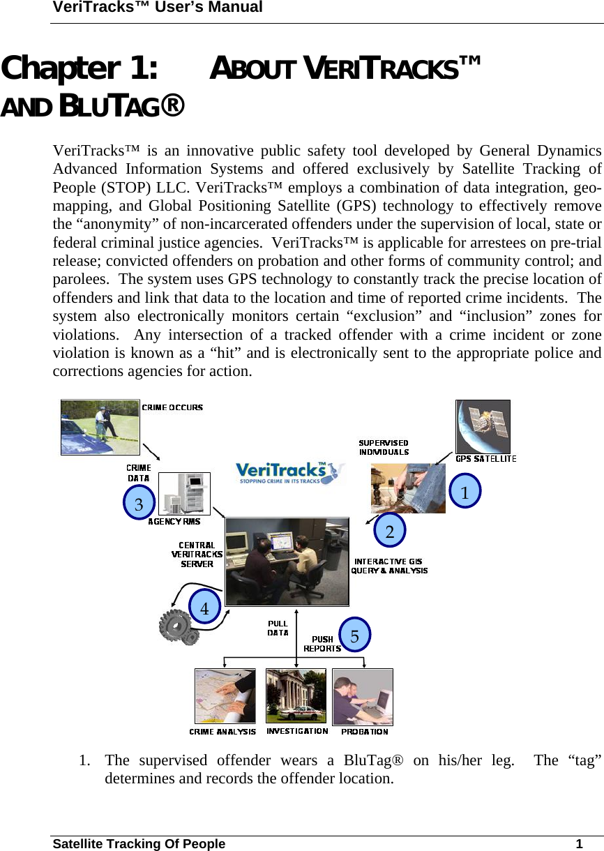 VeriTracks™ User’s Manual Satellite Tracking Of People       1 Chapter 1: ABOUT VERITRACKS™ AND BLUTAG® VeriTracks™ is an innovative public safety tool developed by General Dynamics Advanced Information Systems and offered exclusively by Satellite Tracking of People (STOP) LLC. VeriTracks™ employs a combination of data integration, geo-mapping, and Global Positioning Satellite (GPS) technology to effectively remove the “anonymity” of non-incarcerated offenders under the supervision of local, state or federal criminal justice agencies.  VeriTracks™ is applicable for arrestees on pre-trial release; convicted offenders on probation and other forms of community control; and parolees.  The system uses GPS technology to constantly track the precise location of offenders and link that data to the location and time of reported crime incidents.  The system also electronically monitors certain “exclusion” and “inclusion” zones for violations.  Any intersection of a tracked offender with a crime incident or zone violation is known as a “hit” and is electronically sent to the appropriate police and corrections agencies for action.  1. The supervised offender wears a BluTag® on his/her leg.  The “tag”  determines and records the offender location. 1 2 3 4 5 