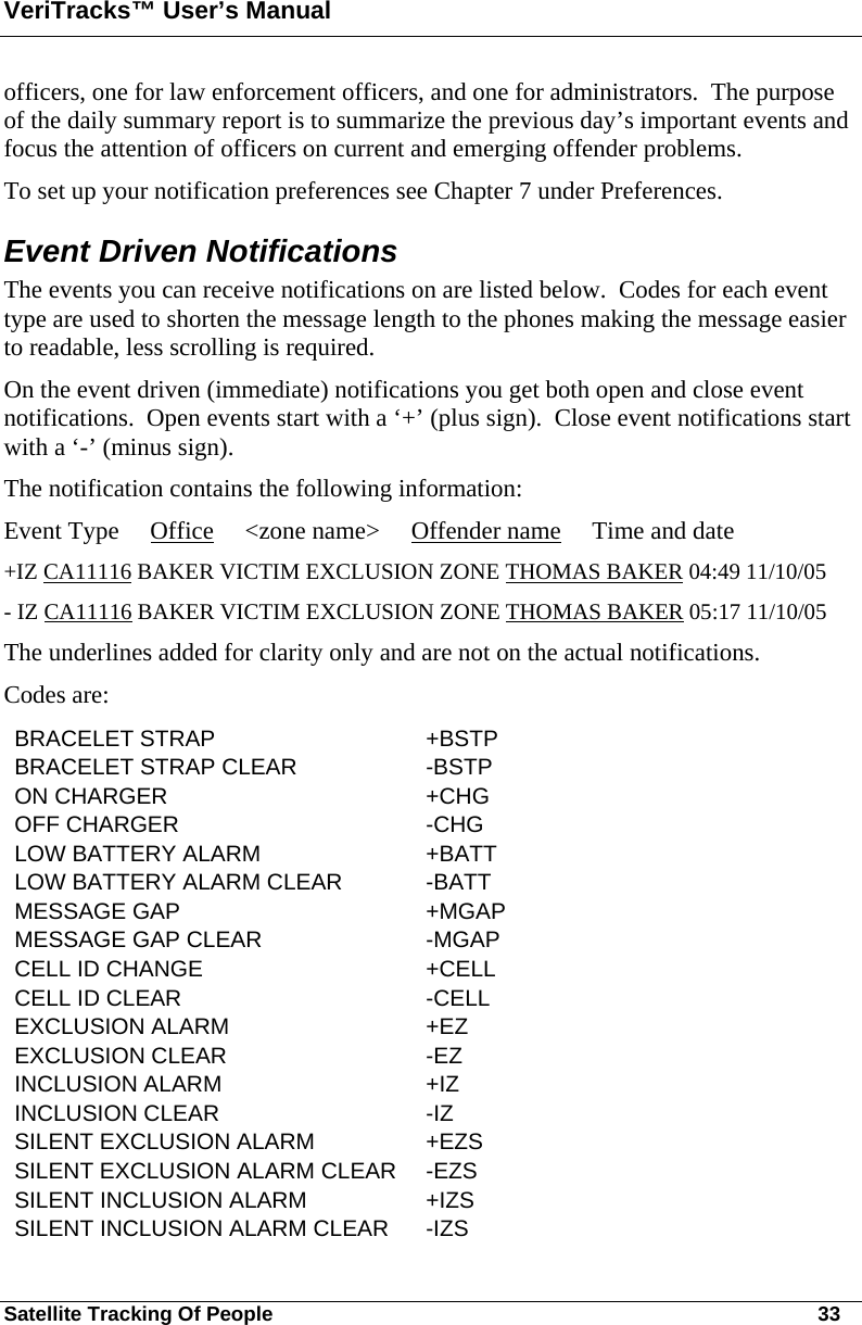 VeriTracks™ User’s Manual Satellite Tracking Of People       33 officers, one for law enforcement officers, and one for administrators.  The purpose of the daily summary report is to summarize the previous day’s important events and focus the attention of officers on current and emerging offender problems.   To set up your notification preferences see Chapter 7 under Preferences. Event Driven Notifications The events you can receive notifications on are listed below.  Codes for each event type are used to shorten the message length to the phones making the message easier to readable, less scrolling is required.   On the event driven (immediate) notifications you get both open and close event notifications.  Open events start with a ‘+’ (plus sign).  Close event notifications start with a ‘-’ (minus sign).  The notification contains the following information: Event Type     Office     &lt;zone name&gt;     Offender name     Time and date  +IZ CA11116 BAKER VICTIM EXCLUSION ZONE THOMAS BAKER 04:49 11/10/05 - IZ CA11116 BAKER VICTIM EXCLUSION ZONE THOMAS BAKER 05:17 11/10/05 The underlines added for clarity only and are not on the actual notifications. Codes are: BRACELET STRAP  +BSTP BRACELET STRAP CLEAR  -BSTP ON CHARGER  +CHG OFF CHARGER  -CHG LOW BATTERY ALARM  +BATT LOW BATTERY ALARM CLEAR  -BATT MESSAGE GAP  +MGAP MESSAGE GAP CLEAR  -MGAP CELL ID CHANGE  +CELL CELL ID CLEAR  -CELL EXCLUSION ALARM  +EZ EXCLUSION CLEAR  -EZ INCLUSION ALARM  +IZ INCLUSION CLEAR  -IZ SILENT EXCLUSION ALARM  +EZS SILENT EXCLUSION ALARM CLEAR  -EZS SILENT INCLUSION ALARM  +IZS SILENT INCLUSION ALARM CLEAR  -IZS 