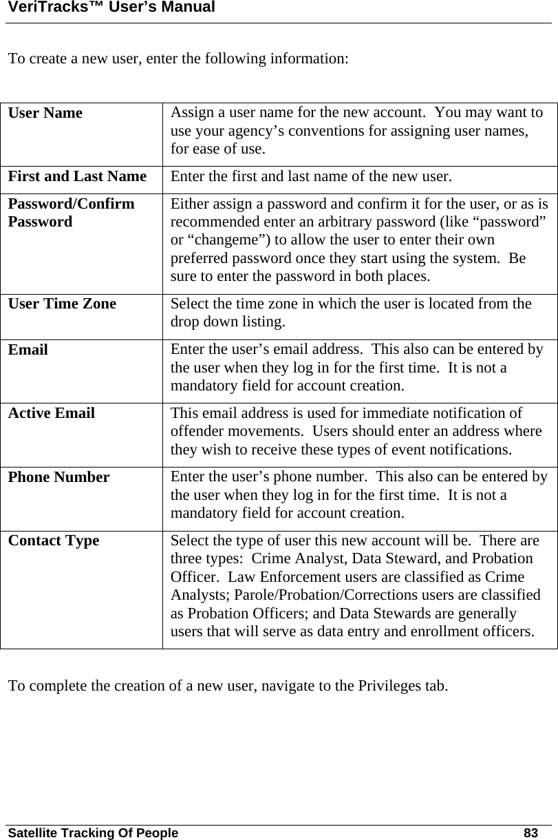 VeriTracks™ User’s Manual Satellite Tracking Of People       83 To create a new user, enter the following information:  User Name  Assign a user name for the new account.  You may want to use your agency’s conventions for assigning user names, for ease of use. First and Last Name  Enter the first and last name of the new user. Password/Confirm Password      Either assign a password and confirm it for the user, or as is recommended enter an arbitrary password (like “password” or “changeme”) to allow the user to enter their own preferred password once they start using the system.  Be sure to enter the password in both places. User Time Zone  Select the time zone in which the user is located from the drop down listing. Email  Enter the user’s email address.  This also can be entered by the user when they log in for the first time.  It is not a mandatory field for account creation. Active Email  This email address is used for immediate notification of offender movements.  Users should enter an address where they wish to receive these types of event notifications. Phone Number  Enter the user’s phone number.  This also can be entered by the user when they log in for the first time.  It is not a mandatory field for account creation. Contact Type  Select the type of user this new account will be.  There are three types:  Crime Analyst, Data Steward, and Probation Officer.  Law Enforcement users are classified as Crime Analysts; Parole/Probation/Corrections users are classified as Probation Officers; and Data Stewards are generally users that will serve as data entry and enrollment officers.   To complete the creation of a new user, navigate to the Privileges tab. 