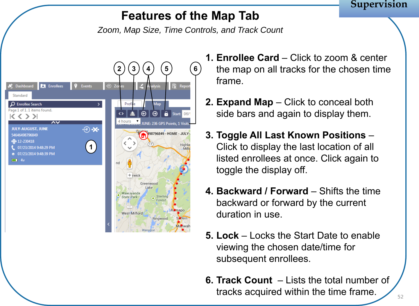 SupervisionSupervision521. Enrollee Card – Click to zoom &amp; center the map on all tracks for the chosen time frame.2. Expand Map – Click to conceal both side bars and again to display them.3. Toggle All Last Known Positions –Click to display the last location of all listed enrollees at once. Click again to toggle the display off.4. Backward / Forward – Shifts the time backward or forward by the current duration in use.5. Lock – Locks the Start Date to enable viewing the chosen date/time for subsequent enrollees.6. Track Count  – Lists the total number of tracks acquired within the time frame.6Features of the Map TabZoom, Map Size, Time Controls, and Track Count2 3 4 51
