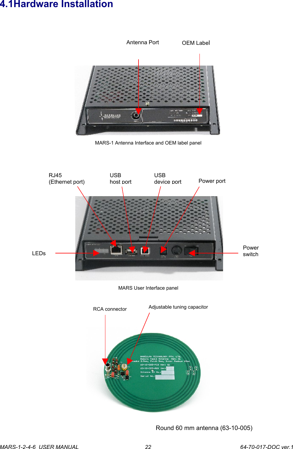 4.1Hardware InstallationMARS-1 Antenna Interface and OEM label panel MARS User Interface panelRound 60 mm antenna (63-10-005)MARS-1-2-4-6  USER MANUAL             64-70-017-DOC ver.1RJ45(Ethernet port)USBdevice portPower portUSBhost portLEDsPower switchAdjustable tuning capacitorRCA connectorOEM LabelAntenna Port22