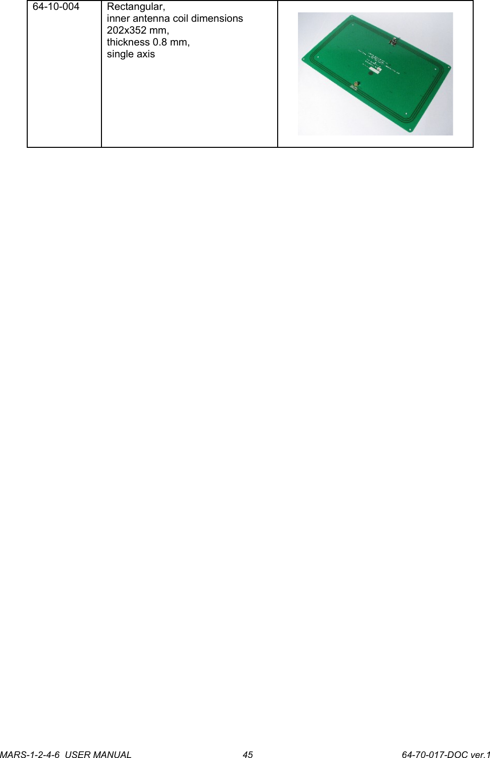64-10-004 Rectangular,inner antenna coil dimensions202x352 mm,thickness 0.8 mm,single axisMARS-1-2-4-6  USER MANUAL             64-70-017-DOC ver.145