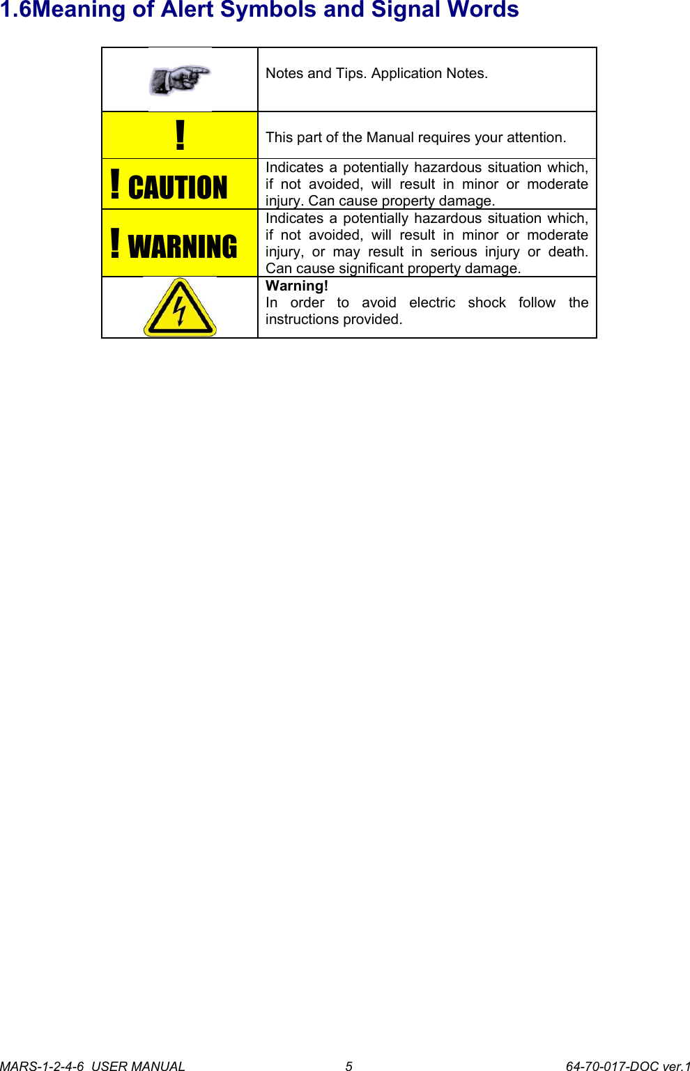 1.6Meaning of Alert Symbols and Signal WordsNotes and Tips. Application Notes. !This part of the Manual requires your attention.!  CAUTIONIndicates a potentially hazardous situation which, if   not   avoided,   will   result   in   minor   or   moderate injury. Can cause property damage.!  WARNINGIndicates a potentially hazardous situation which, if   not   avoided,   will   result   in   minor   or   moderate injury,   or   may   result   in   serious   injury   or   death. Can cause significant property damage.Warning!In   order   to   avoid   electric   shock   follow   the instructions provided.MARS-1-2-4-6  USER MANUAL             64-70-017-DOC ver.15