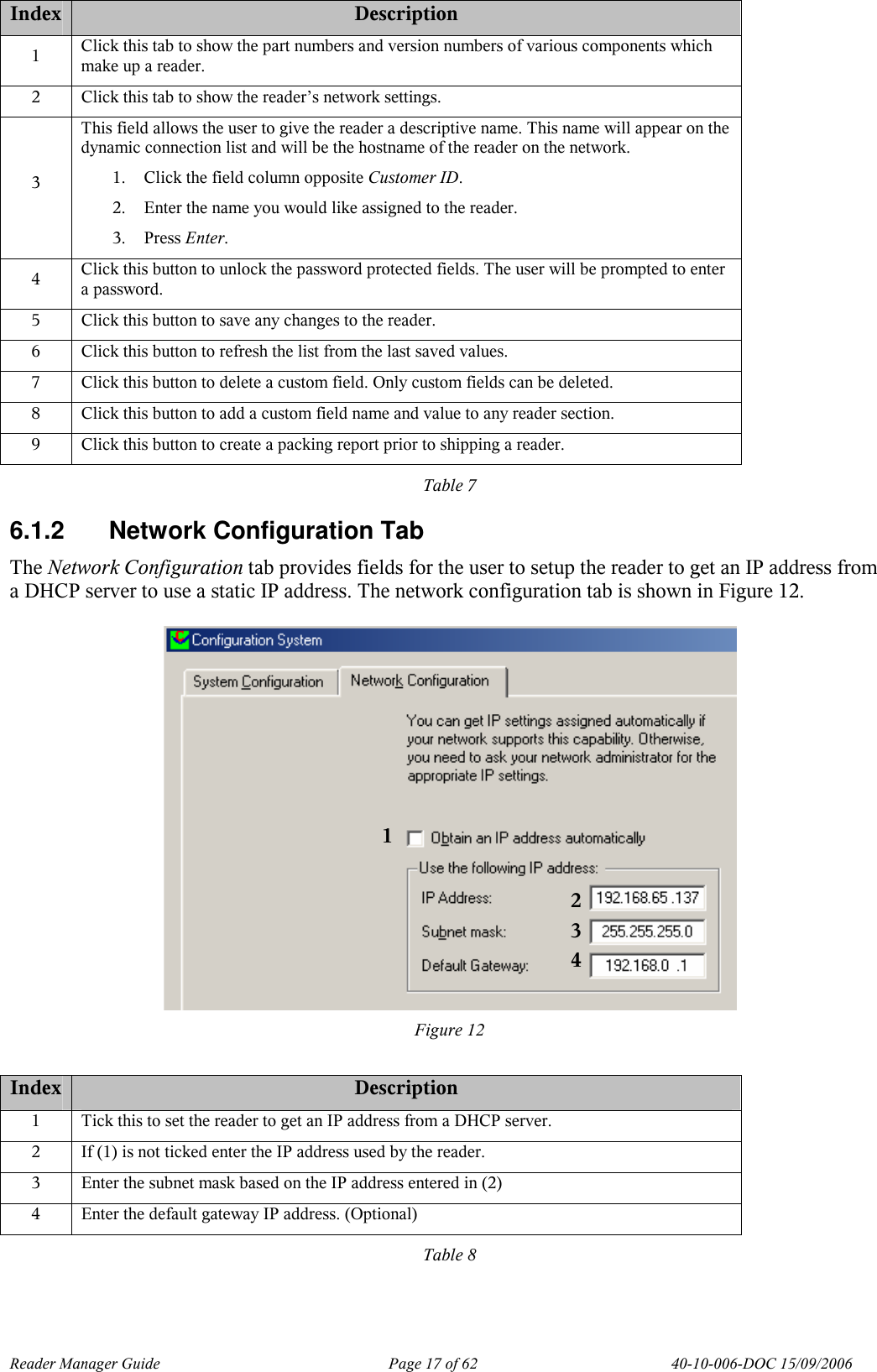 Reader Manager Guide   Page 17 of 62   40-10-006-DOC 15/09/2006 Index Description 1  Click this tab to show the part numbers and version numbers of various components which make up a reader. 2  Click this tab to show the reader&rsquo;s network settings. 3 This field allows the user to give the reader a descriptive name. This name will appear on the dynamic connection list and will be the hostname of the reader on the network.  1. Click the field column opposite Customer ID.  2. Enter the name you would like assigned to the reader. 3. Press Enter. 4  Click this button to unlock the password protected fields. The user will be prompted to enter a password. 5  Click this button to save any changes to the reader. 6  Click this button to refresh the list from the last saved values. 7  Click this button to delete a custom field. Only custom fields can be deleted. 8  Click this button to add a custom field name and value to any reader section. 9  Click this button to create a packing report prior to shipping a reader. Table 7 6.1.2  Network Configuration Tab The Network Configuration tab provides fields for the user to setup the reader to get an IP address from a DHCP server to use a static IP address. The network configuration tab is shown in Figure 12.   Figure 12  Index Description 1  Tick this to set the reader to get an IP address from a DHCP server. 2  If (1) is not ticked enter the IP address used by the reader. 3  Enter the subnet mask based on the IP address entered in (2) 4  Enter the default gateway IP address. (Optional) Table 8 2 3 4 1 