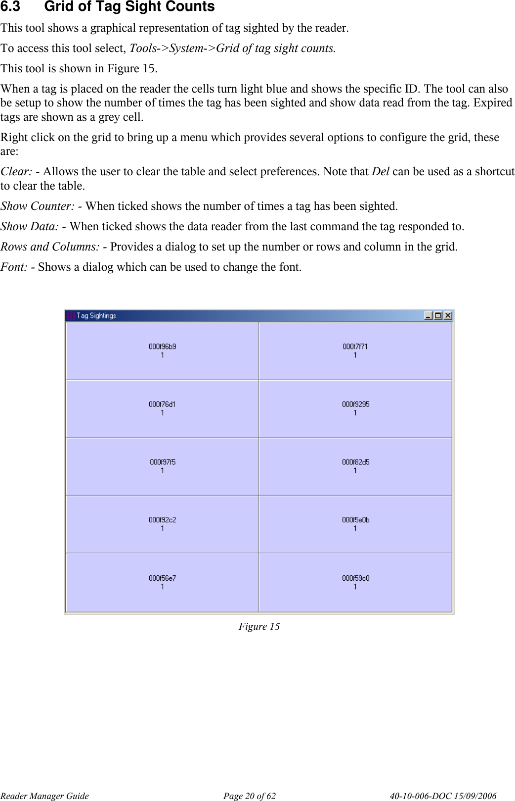 Reader Manager Guide   Page 20 of 62   40-10-006-DOC 15/09/2006 6.3  Grid of Tag Sight Counts  This tool shows a graphical representation of tag sighted by the reader.  To access this tool select, Tools->System->Grid of tag sight counts. This tool is shown in Figure 15. When a tag is placed on the reader the cells turn light blue and shows the specific ID. The tool can also be setup to show the number of times the tag has been sighted and show data read from the tag. Expired tags are shown as a grey cell. Right click on the grid to bring up a menu which provides several options to configure the grid, these are: Clear: - Allows the user to clear the table and select preferences. Note that Del can be used as a shortcut to clear the table. Show Counter: - When ticked shows the number of times a tag has been sighted. Show Data: - When ticked shows the data reader from the last command the tag responded to. Rows and Columns: - Provides a dialog to set up the number or rows and column in the grid. Font: - Shows a dialog which can be used to change the font.   Figure 15 