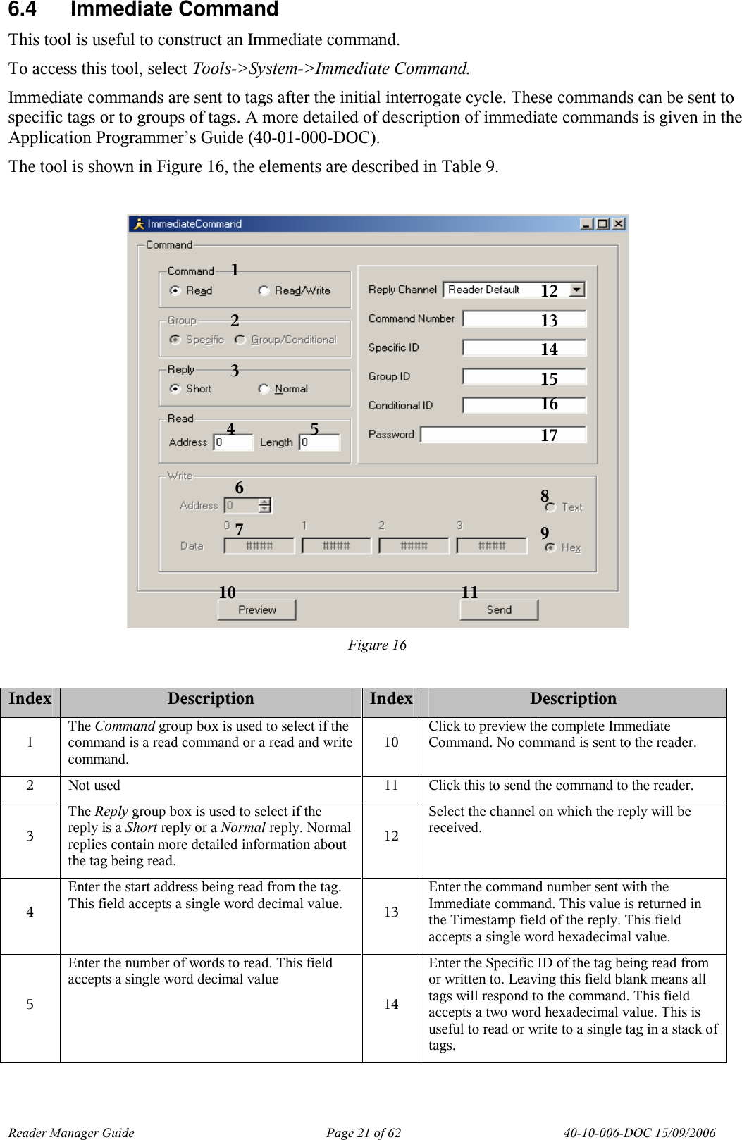 Reader Manager Guide   Page 21 of 62   40-10-006-DOC 15/09/2006 6.4  Immediate Command This tool is useful to construct an Immediate command.  To access this tool, select Tools->System->Immediate Command. Immediate commands are sent to tags after the initial interrogate cycle. These commands can be sent to specific tags or to groups of tags. A more detailed of description of immediate commands is given in the Application Programmer&rsquo;s Guide (40-01-000-DOC). The tool is shown in Figure 16, the elements are described in Table 9.   Figure 16  Index Description  Index Description 1 The Command group box is used to select if the command is a read command or a read and write command. 10 Click to preview the complete Immediate Command. No command is sent to the reader. 2  Not used  11  Click this to send the command to the reader. 3 The Reply group box is used to select if the reply is a Short reply or a Normal reply. Normal replies contain more detailed information about the tag being read. 12 Select the channel on which the reply will be received.   4 Enter the start address being read from the tag. This field accepts a single word decimal value.  13 Enter the command number sent with the Immediate command. This value is returned in the Timestamp field of the reply. This field accepts a single word hexadecimal value. 5 Enter the number of words to read. This field accepts a single word decimal value 14 Enter the Specific ID of the tag being read from or written to. Leaving this field blank means all tags will respond to the command. This field accepts a two word hexadecimal value. This is useful to read or write to a single tag in a stack of tags. 1 2 3 4  5 6 7 8 9 10  11 12 13 14 15 16 17 