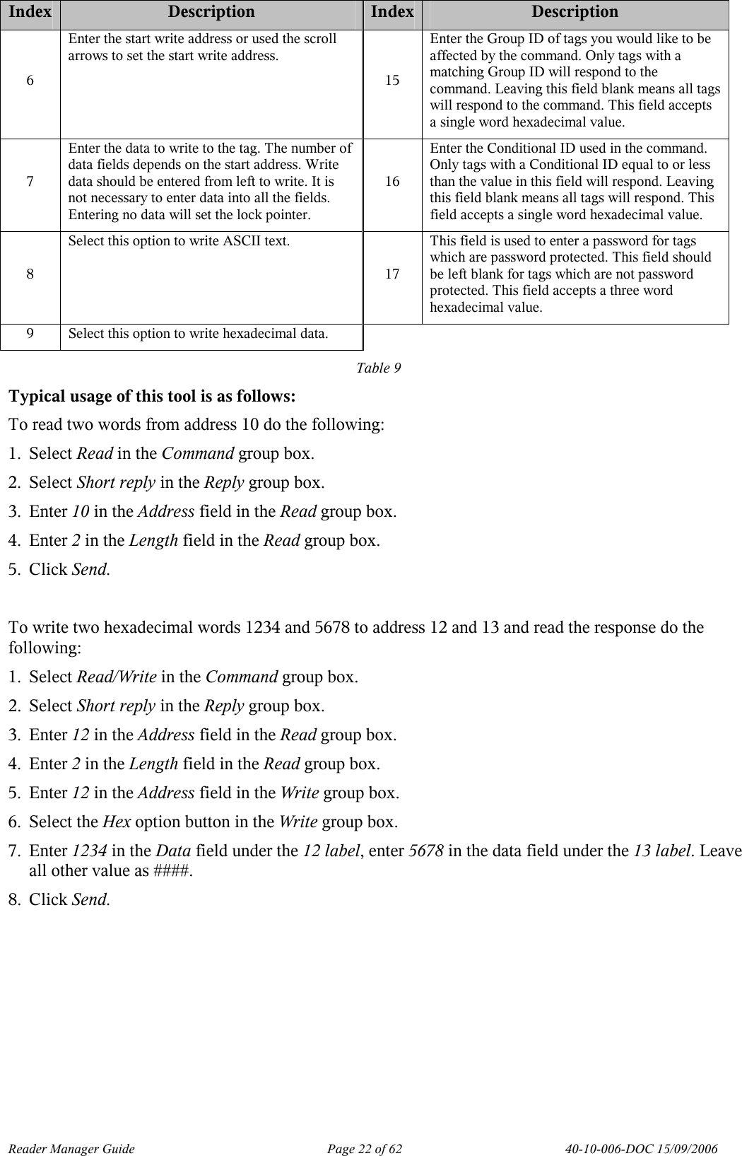 Reader Manager Guide   Page 22 of 62   40-10-006-DOC 15/09/2006 Index Description  Index Description 6 Enter the start write address or used the scroll arrows to set the start write address. 15 Enter the Group ID of tags you would like to be affected by the command. Only tags with a matching Group ID will respond to the command. Leaving this field blank means all tags will respond to the command. This field accepts a single word hexadecimal value. 7 Enter the data to write to the tag. The number of data fields depends on the start address. Write data should be entered from left to write. It is not necessary to enter data into all the fields. Entering no data will set the lock pointer. 16 Enter the Conditional ID used in the command. Only tags with a Conditional ID equal to or less than the value in this field will respond. Leaving this field blank means all tags will respond. This field accepts a single word hexadecimal value. 8 Select this option to write ASCII text. 17 This field is used to enter a password for tags which are password protected. This field should be left blank for tags which are not password protected. This field accepts a three word hexadecimal value. 9  Select this option to write hexadecimal data.     Table 9 Typical usage of this tool is as follows: To read two words from address 10 do the following: 1. Select Read in the Command group box. 2. Select Short reply in the Reply group box. 3. Enter 10 in the Address field in the Read group box. 4. Enter 2 in the Length field in the Read group box. 5. Click Send.  To write two hexadecimal words 1234 and 5678 to address 12 and 13 and read the response do the following: 1. Select Read/Write in the Command group box. 2. Select Short reply in the Reply group box. 3. Enter 12 in the Address field in the Read group box. 4. Enter 2 in the Length field in the Read group box. 5. Enter 12 in the Address field in the Write group box. 6. Select the Hex option button in the Write group box. 7. Enter 1234 in the Data field under the 12 label, enter 5678 in the data field under the 13 label. Leave all other value as ####. 8. Click Send. 