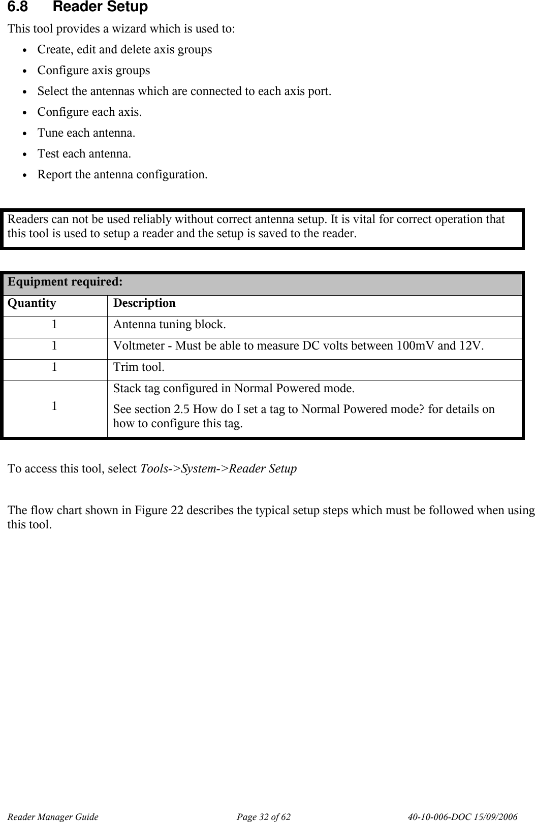 Reader Manager Guide   Page 32 of 62   40-10-006-DOC 15/09/2006 6.8  Reader Setup This tool provides a wizard which is used to: &bull; Create, edit and delete axis groups &bull; Configure axis groups &bull; Select the antennas which are connected to each axis port. &bull; Configure each axis. &bull; Tune each antenna. &bull; Test each antenna. &bull; Report the antenna configuration.  Readers can not be used reliably without correct antenna setup. It is vital for correct operation that this tool is used to setup a reader and the setup is saved to the reader.  Equipment required: Quantity  Description 1  Antenna tuning block. 1  Voltmeter - Must be able to measure DC volts between 100mV and 12V. 1  Trim tool. 1 Stack tag configured in Normal Powered mode.  See section 2.5 How do I set a tag to Normal Powered mode? for details on how to configure this tag.  To access this tool, select Tools->System->Reader Setup  The flow chart shown in Figure 22 describes the typical setup steps which must be followed when using this tool.  