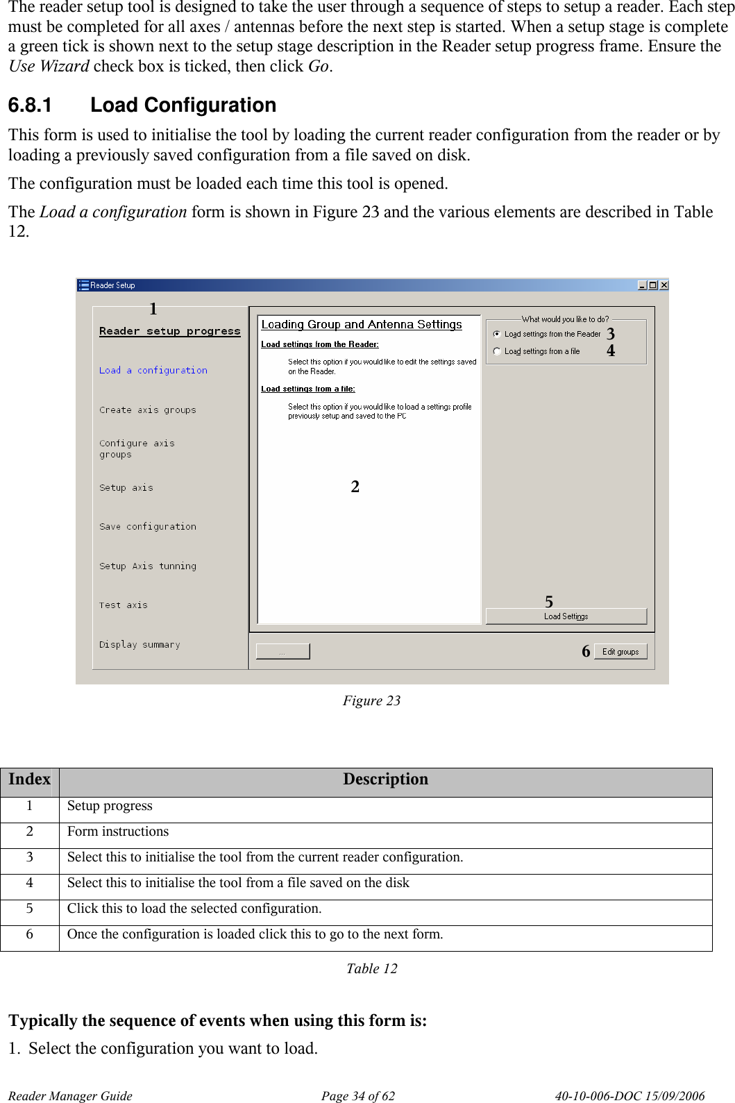 Reader Manager Guide   Page 34 of 62   40-10-006-DOC 15/09/2006  The reader setup tool is designed to take the user through a sequence of steps to setup a reader. Each step must be completed for all axes / antennas before the next step is started. When a setup stage is complete a green tick is shown next to the setup stage description in the Reader setup progress frame. Ensure the Use Wizard check box is ticked, then click Go. 6.8.1  Load Configuration This form is used to initialise the tool by loading the current reader configuration from the reader or by loading a previously saved configuration from a file saved on disk.  The configuration must be loaded each time this tool is opened. The Load a configuration form is shown in Figure 23 and the various elements are described in Table 12.   Figure 23   Index Description 1  Setup progress 2  Form instructions 3  Select this to initialise the tool from the current reader configuration. 4  Select this to initialise the tool from a file saved on the disk 5  Click this to load the selected configuration. 6  Once the configuration is loaded click this to go to the next form. Table 12  Typically the sequence of events when using this form is: 1. Select the configuration you want to load. 1 2 3 6 5 4 