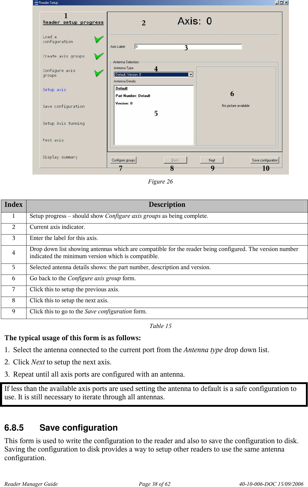 Reader Manager Guide   Page 38 of 62   40-10-006-DOC 15/09/2006  Figure 26  Index Description 1  Setup progress &ndash; should show Configure axis groups as being complete. 2  Current axis indicator. 3  Enter the label for this axis. 4  Drop down list showing antennas which are compatible for the reader being configured. The version number indicated the minimum version which is compatible. 5  Selected antenna details shows: the part number, description and version. 6  Go back to the Configure axis group form. 7  Click this to setup the previous axis. 8  Click this to setup the next axis. 9  Click this to go to the Save configuration form. Table 15 The typical usage of this form is as follows: 1. Select the antenna connected to the current port from the Antenna type drop down list. 2. Click Next to setup the next axis. 3. Repeat until all axis ports are configured with an antenna. If less than the available axis ports are used setting the antenna to default is a safe configuration to use. It is still necessary to iterate through all antennas.  6.8.5  Save configuration This form is used to write the configuration to the reader and also to save the configuration to disk. Saving the configuration to disk provides a way to setup other readers to use the same antenna configuration.  1 2 3 4 5 6 7 8 9 10 