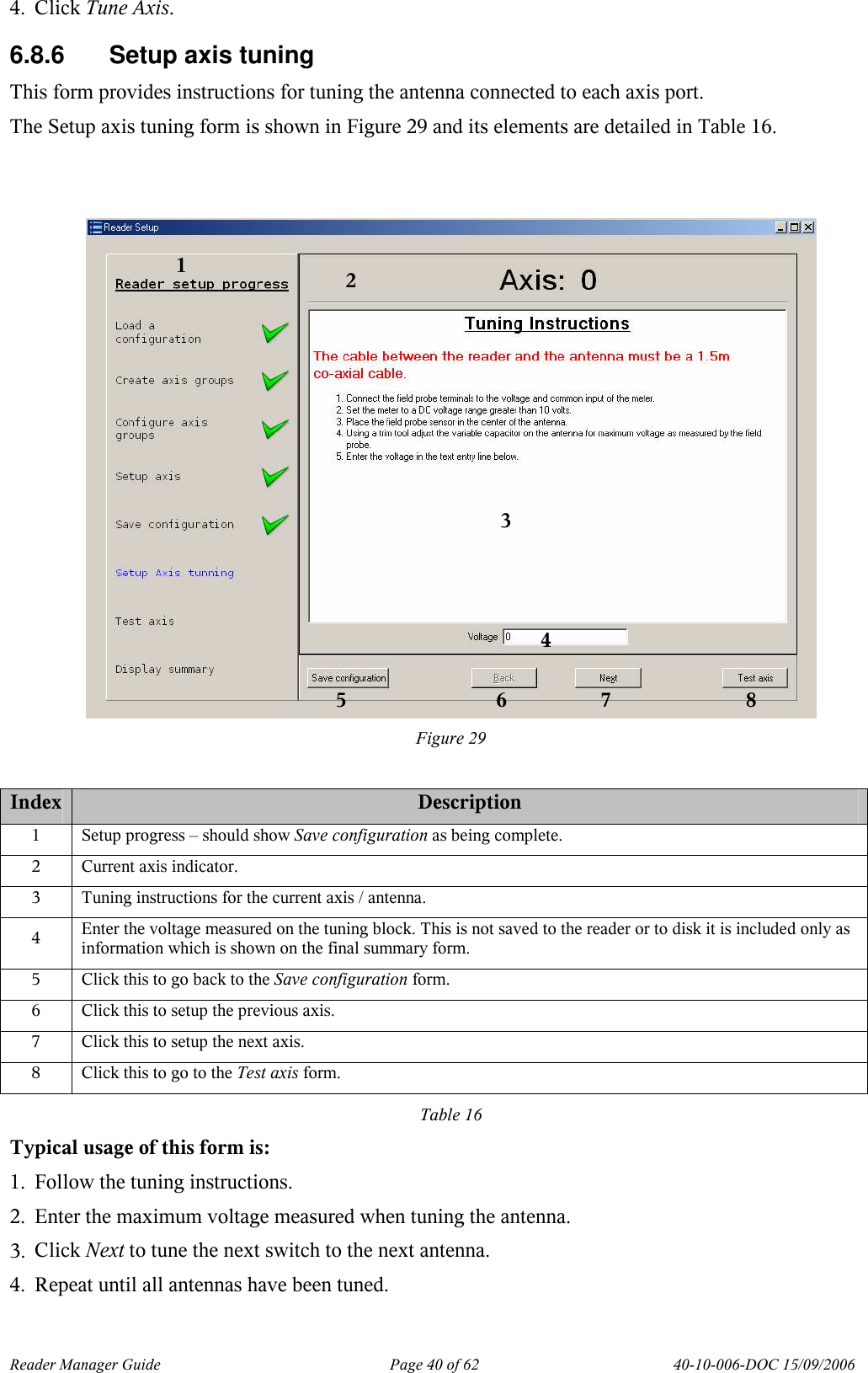 Reader Manager Guide   Page 40 of 62   40-10-006-DOC 15/09/2006 4. Click Tune Axis. 6.8.6  Setup axis tuning This form provides instructions for tuning the antenna connected to each axis port. The Setup axis tuning form is shown in Figure 29 and its elements are detailed in Table 16.    Figure 29  Index Description 1  Setup progress &ndash; should show Save configuration as being complete. 2  Current axis indicator. 3  Tuning instructions for the current axis / antenna. 4  Enter the voltage measured on the tuning block. This is not saved to the reader or to disk it is included only as information which is shown on the final summary form. 5  Click this to go back to the Save configuration form. 6  Click this to setup the previous axis. 7  Click this to setup the next axis. 8  Click this to go to the Test axis form. Table 16 Typical usage of this form is: 1. Follow the tuning instructions. 2. Enter the maximum voltage measured when tuning the antenna. 3. Click Next to tune the next switch to the next antenna. 4. Repeat until all antennas have been tuned. 1 2 3 5 7 8 6 4 
