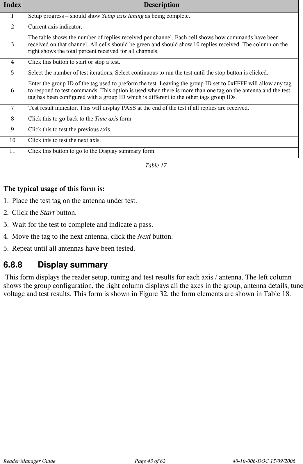 Reader Manager Guide   Page 43 of 62   40-10-006-DOC 15/09/2006  Index Description 1  Setup progress &ndash; should show Setup axis tuning as being complete. 2  Current axis indicator. 3 The table shows the number of replies received per channel. Each cell shows how commands have been received on that channel. All cells should be green and should show 10 replies received. The column on the right shows the total percent received for all channels. 4  Click this button to start or stop a test. 5  Select the number of test iterations. Select continuous to run the test until the stop button is clicked. 6 Enter the group ID of the tag used to preform the test. Leaving the group ID set to 0xFFFF will allow any tag to respond to test commands. This option is used when there is more than one tag on the antenna and the test tag has been configured with a group ID which is different to the other tags group IDs. 7  Test result indicator. This will display PASS at the end of the test if all replies are received. 8  Click this to go back to the Tune axis form 9  Click this to test the previous axis. 10  Click this to test the next axis. 11  Click this button to go to the Display summary form. Table 17  The typical usage of this form is: 1. Place the test tag on the antenna under test. 2. Click the Start button. 3. Wait for the test to complete and indicate a pass. 4. Move the tag to the next antenna, click the Next button. 5. Repeat until all antennas have been tested. 6.8.8  Display summary   This form displays the reader setup, tuning and test results for each axis / antenna. The left column shows the group configuration, the right column displays all the axes in the group, antenna details, tune voltage and test results. This form is shown in Figure 32, the form elements are shown in Table 18.  