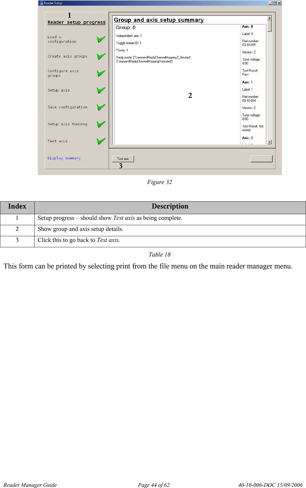 Reader Manager Guide   Page 44 of 62   40-10-006-DOC 15/09/2006  Figure 32  Index  Description 1  Setup progress &ndash; should show Test axis as being complete. 2  Show group and axis setup details. 3  Click this to go back to Test axis. Table 18 This form can be printed by selecting print from the file menu on the main reader manager menu. 1 2 3 