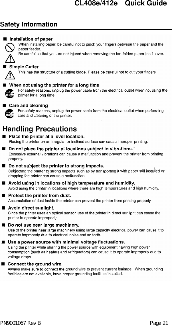 CL408e/412e  Quick Guide  Safety Information                                                                                                                 PN9001067 Rev B           Page 21 