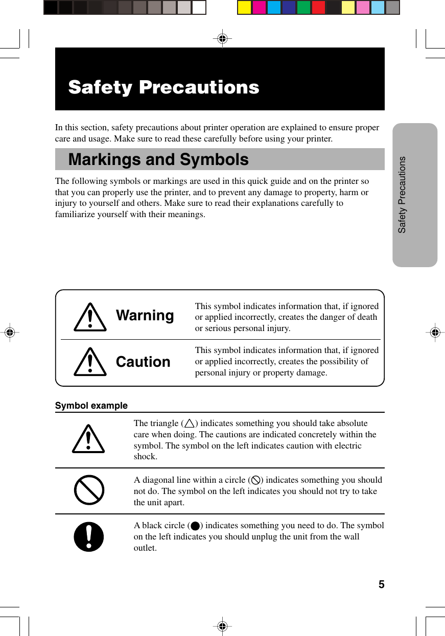 5Safety PrecautionsIn this section, safety precautions about printer operation are explained to ensure propercare and usage. Make sure to read these carefully before using your printer.Markings and SymbolsThe following symbols or markings are used in this quick guide and on the printer sothat you can properly use the printer, and to prevent any damage to property, harm orinjury to yourself and others. Make sure to read their explanations carefully tofamiliarize yourself with their meanings.This symbol indicates information that, if ignoredor applied incorrectly, creates the danger of deathor serious personal injury.This symbol indicates information that, if ignoredor applied incorrectly, creates the possibility ofpersonal injury or property damage.WarningCautionSymbol exampleThe triangle ( ) indicates something you should take absolutecare when doing. The cautions are indicated concretely within thesymbol. The symbol on the left indicates caution with electricshock.A diagonal line within a circle ( ) indicates something you shouldnot do. The symbol on the left indicates you should not try to takethe unit apart.A black circle ( ) indicates something you need to do. The symbolon the left indicates you should unplug the unit from the walloutlet.Safety Precautions