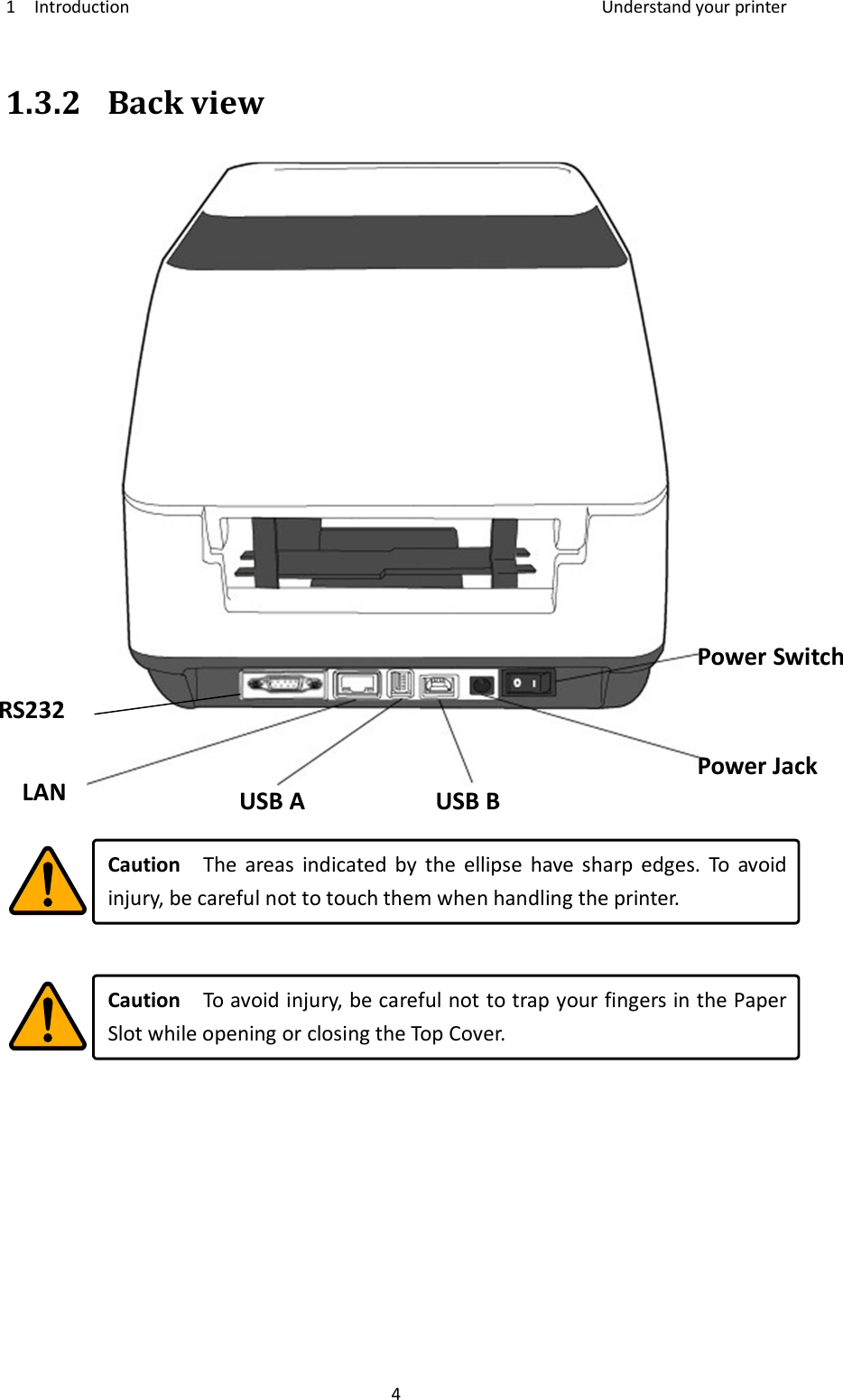 1    Introduction    Understand your printer 4 1.3.2 Back view    Caution    The  areas  indicated  by  the  ellipse  have  sharp  edges.  To  avoid injury, be careful not to touch them when handling the printer.   Caution    To avoid injury, be careful not to trap your fingers in the Paper Slot while opening or closing the Top Cover.   RS232 LAN  USB A  USB B Power Jack Power Switch 