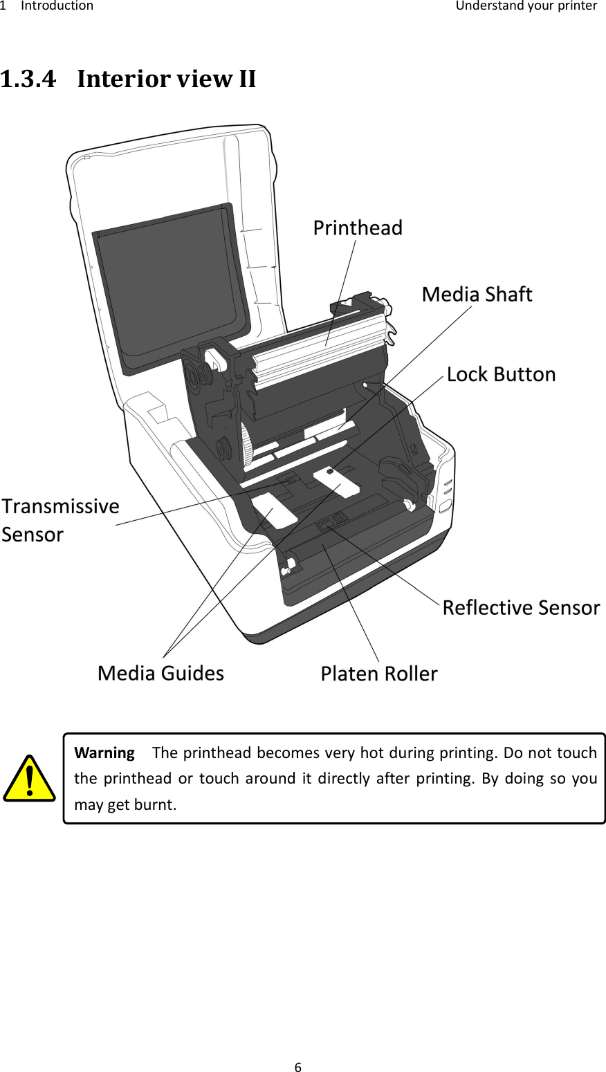 1    Introduction    Understand your printer 6 1.3.4 Interior view II     Warning    The printhead becomes very hot during printing. Do not touch the  printhead  or  touch  around  it  directly  after  printing.  By  doing  so you may get burnt.   