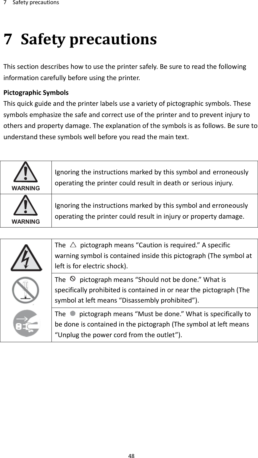 7    Safety precautions     48 7 Safety precautions This section describes how to use the printer safely. Be sure to read the following information carefully before using the printer. Pictographic Symbols This quick guide and the printer labels use a variety of pictographic symbols. These symbols emphasize the safe and correct use of the printer and to prevent injury to others and property damage. The explanation of the symbols is as follows. Be sure to understand these symbols well before you read the main text.   WARNING Ignoring the instructions marked by this symbol and erroneously operating the printer could result in death or serious injury.  WARNING Ignoring the instructions marked by this symbol and erroneously operating the printer could result in injury or property damage.   The    pictograph means “Caution is required.” A specific warning symbol is contained inside this pictograph (The symbol at left is for electric shock). The    pictograph means “Should not be done.” What is specifically prohibited is contained in or near the pictograph (The symbol at left means “Disassembly prohibited”). The    pictograph means “Must be done.” What is specifically to be done is contained in the pictograph (The symbol at left means “Unplug the power cord from the outlet”).          
